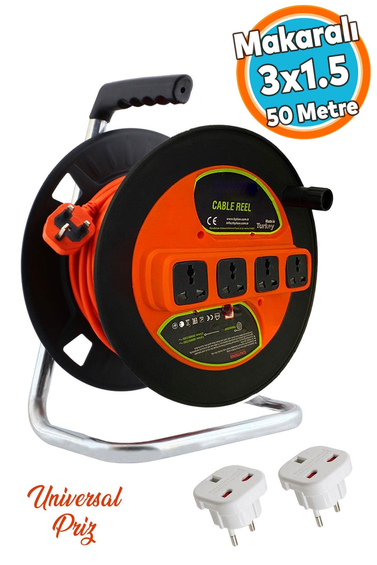NZB Makaralı Seyyar Kablo 50 Metre Universal 4 Prizli Uzatma Kablosu 3x1.5 mm CCA Kablo
