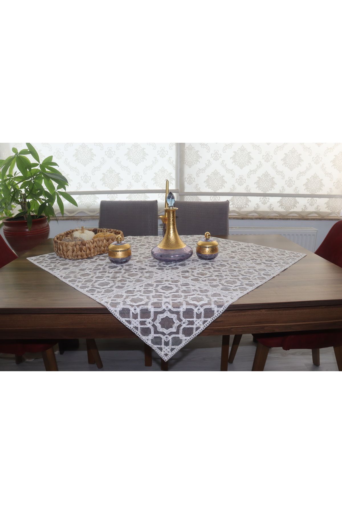 SNMHOME Lüks tasarım Beyaz DANTEL fiskos ve masa örtüsü (95x95) cm