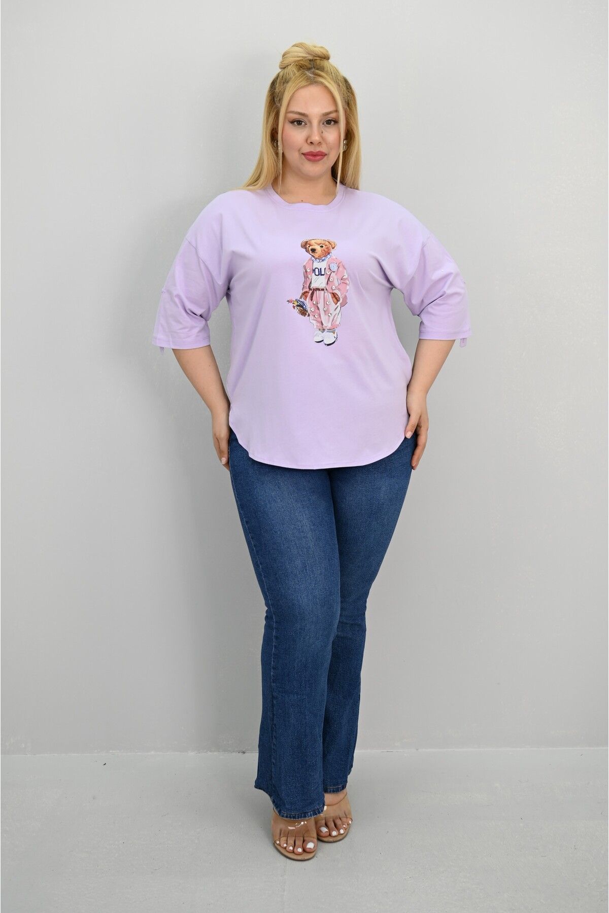 Koza Butik Kadın Büyük Beden Kısa Kollu Taş Detaylı Ayı Baskılı Oversize T-shirt 1926-25