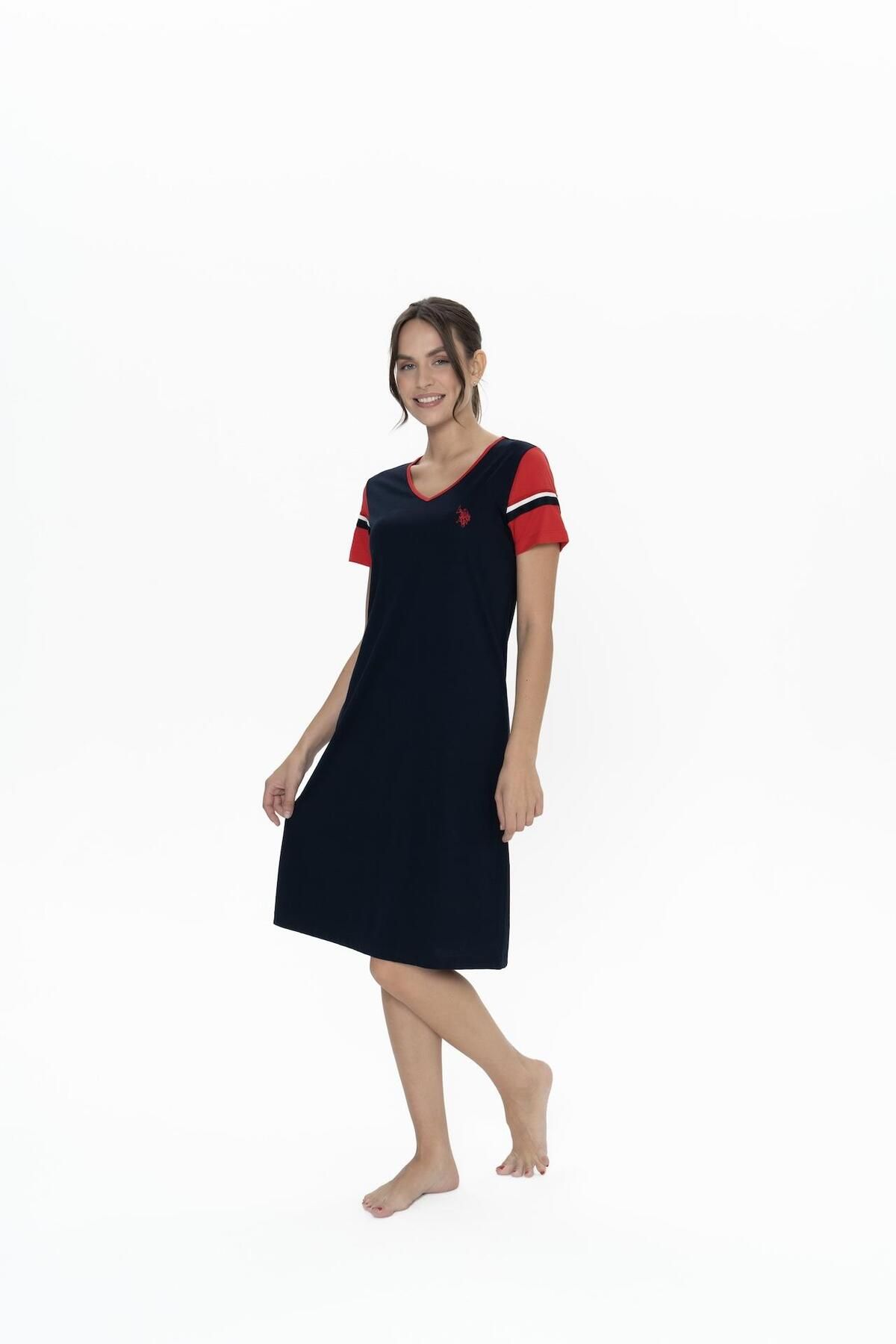 U.S. Polo Assn.-Us Polo 100% bumbac, decolteu în V lat pentru femei, mânecă scurtă, cămașă de noapte midi 3
