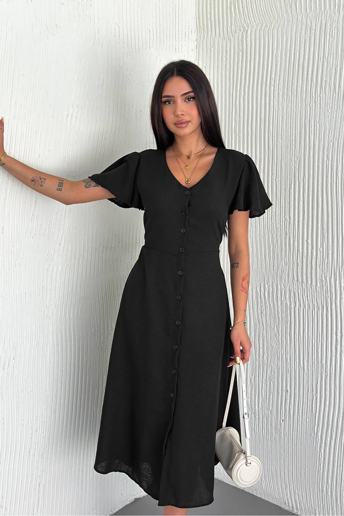 Neşeli Butik kadın kuşaklı kruvaze yaka keten elbise NBK058