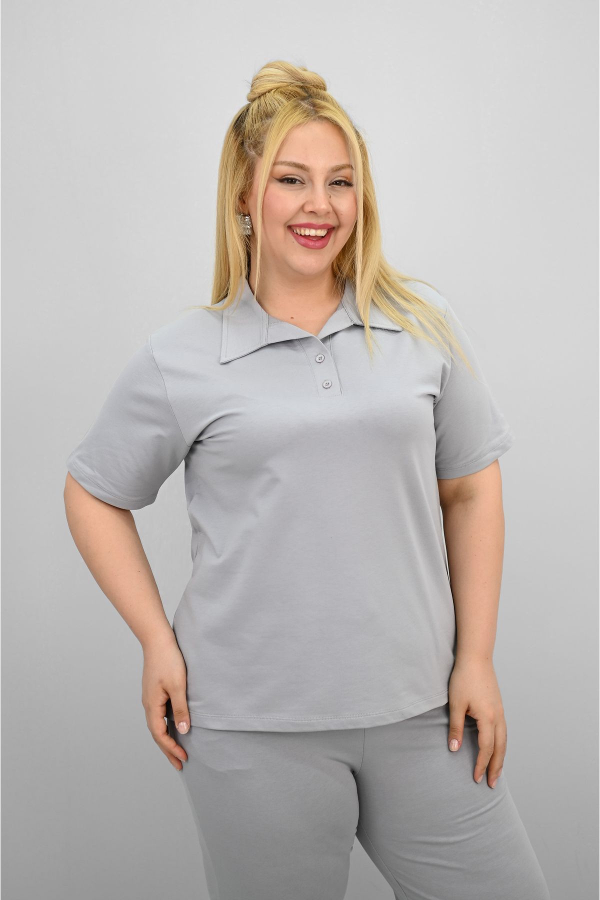 Koza Butik Kadın Büyük Beden Kısa Kollu Polo Yaka Eşofman Takımı 8188-25