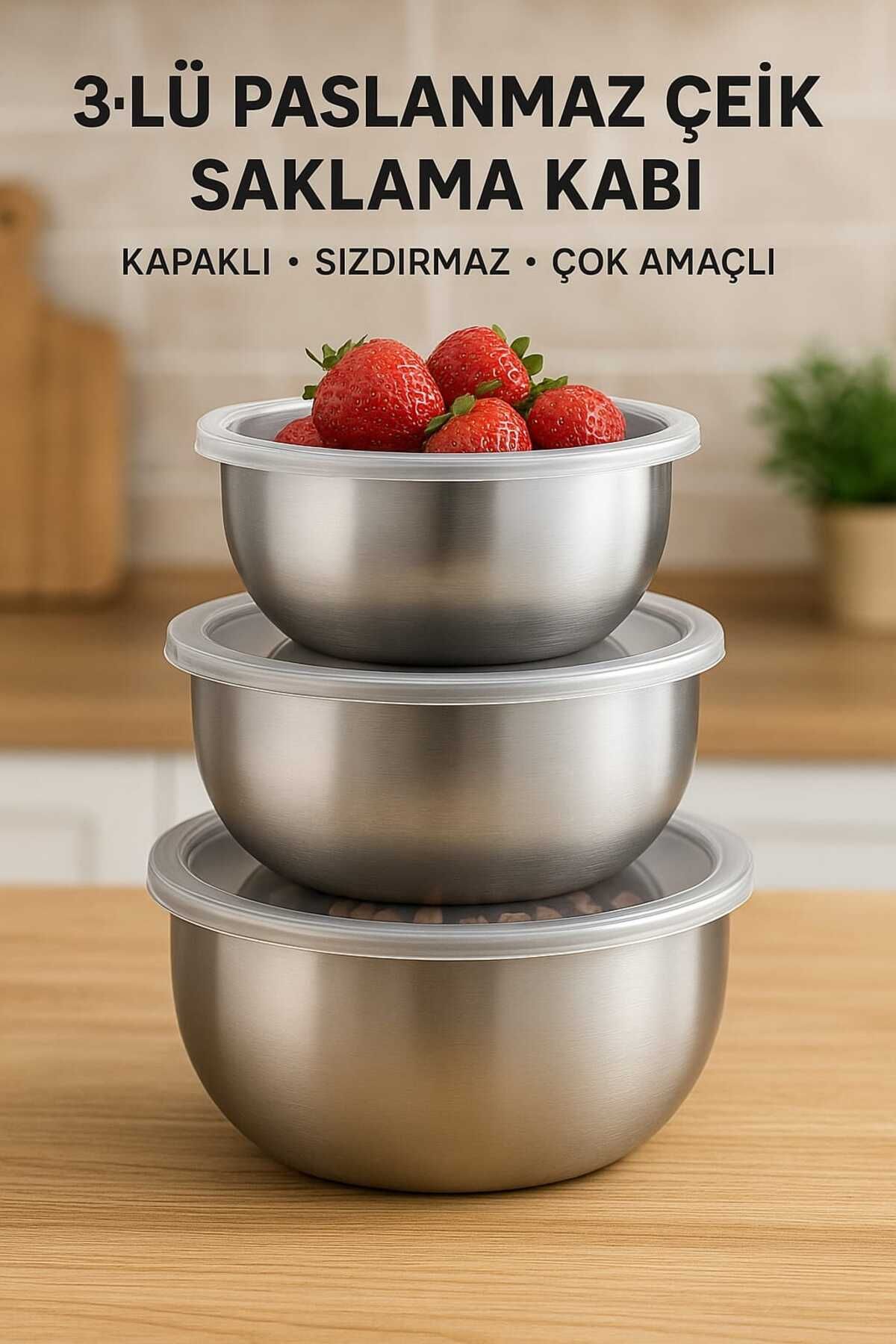 ENASHOP 3'lü Çelik Saklama Kabı (12-14-16 CM) 6 Parça