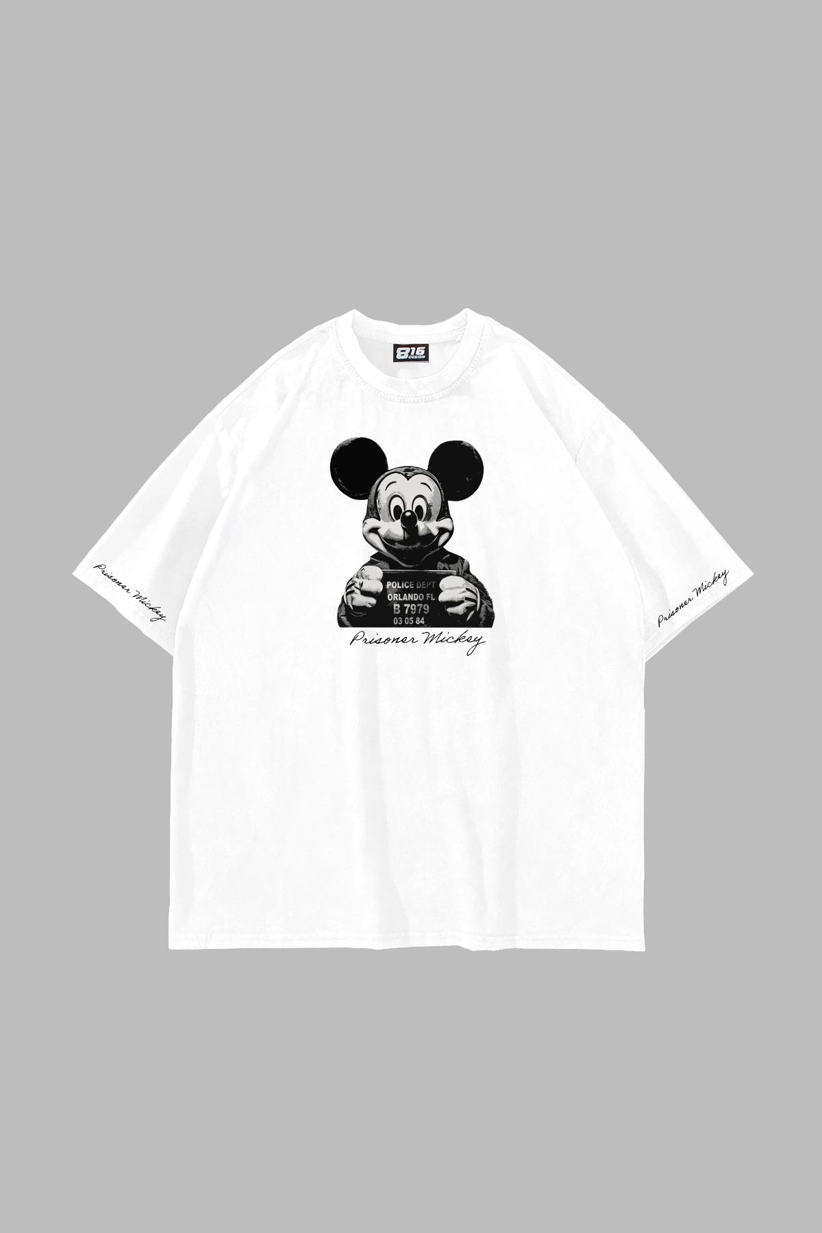 Sekizbiraltı Prisoner Mickey Baskılı Oversize Unisex Beyaz Tshirt