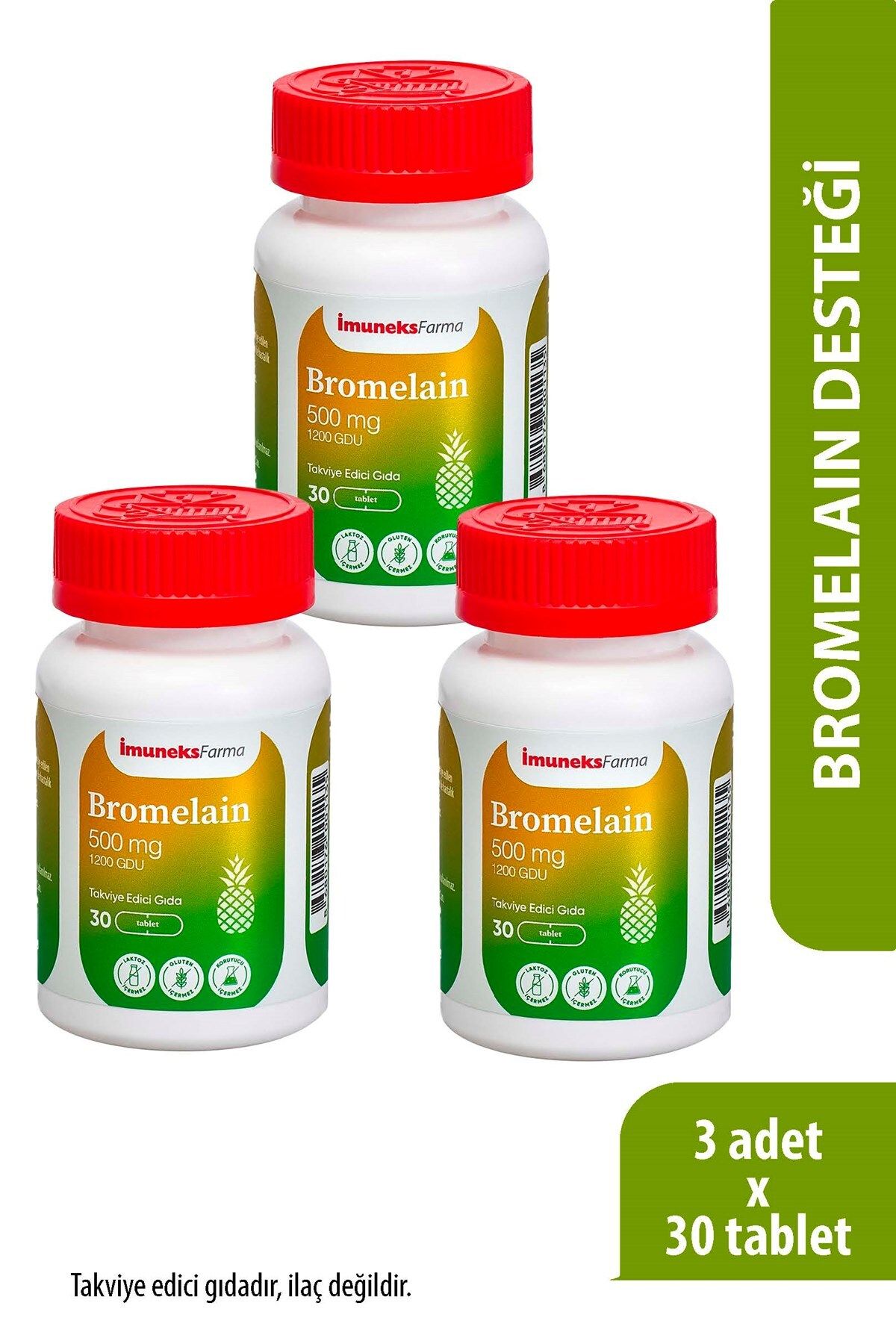 Imuneks Farma Bromelain 500 mg Takviye Edici Gıda 30 Tablet x 3 Adet