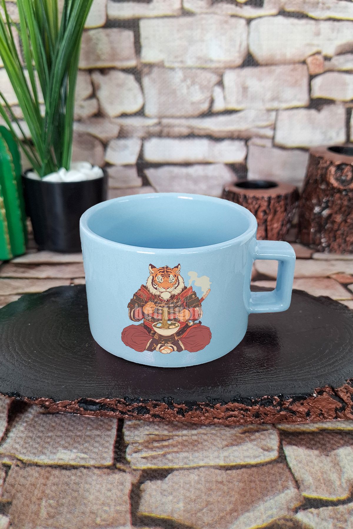 qoeuyl boutique Ramen Tiger 1 Baskılı Japon Kaplan Noodle Anime Sanatı Kare Kulplu Fincan Mavi Kupa Bardak