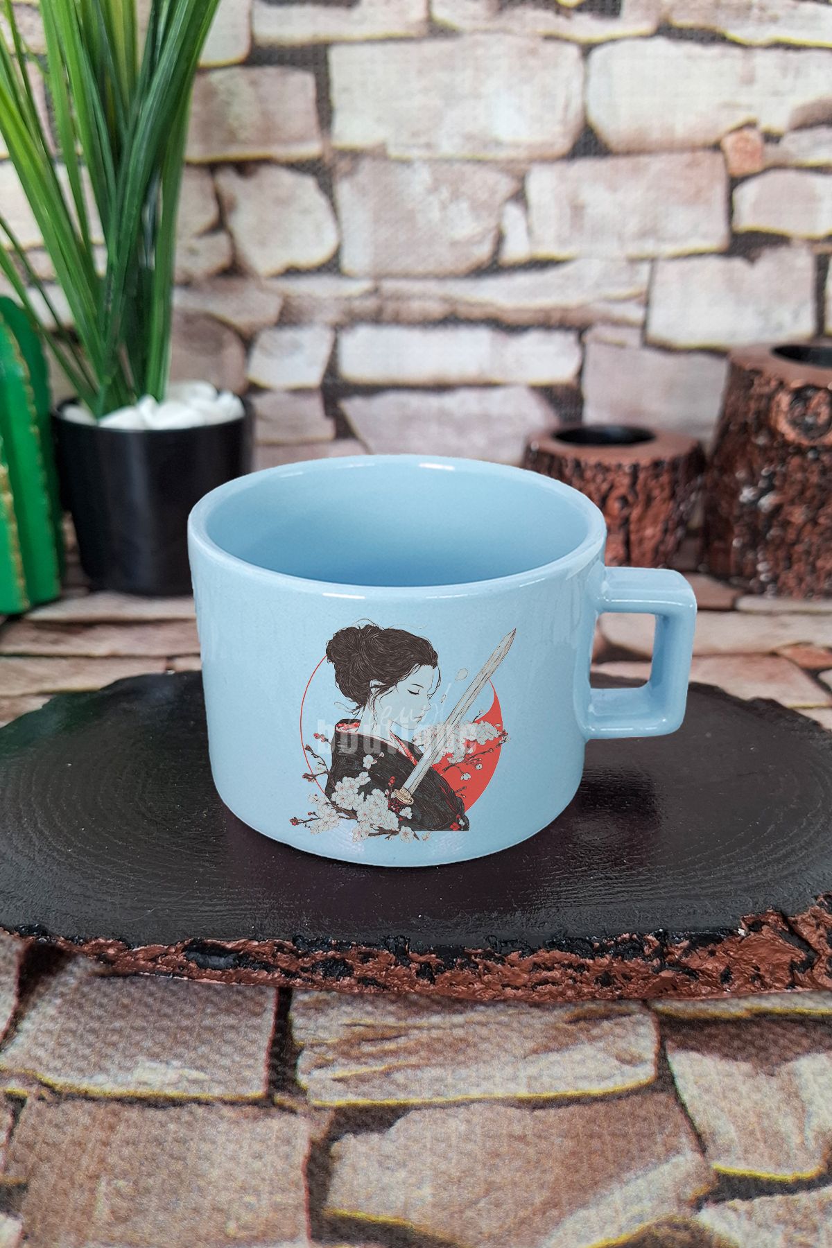 qoeuyl boutique Samuray Kızı 2 Baskılı Anime Savaşçı Kız Japon Manga Kare Kulplu Fincan Mavi Kupa Bardak