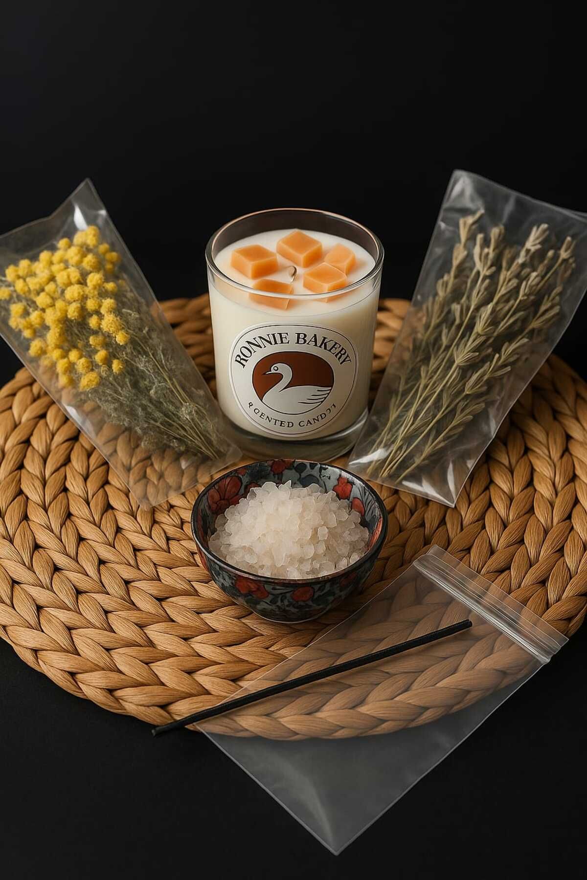 ARCET Meditasyon seti Altın otu, Adaçayı, Kaya Tuzu, Tarçın kokulu Mum