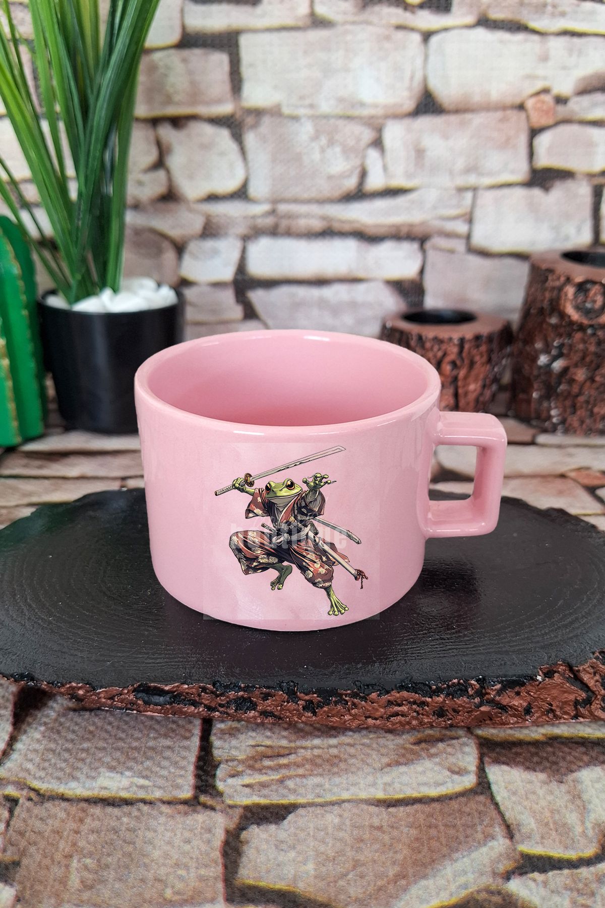 qoeuyl boutique Samuray Kurbağa Baskılı Japon Sanatı Anime Manga İlhamı Kare Kulplu Fincan Pembe Kupa Bardak