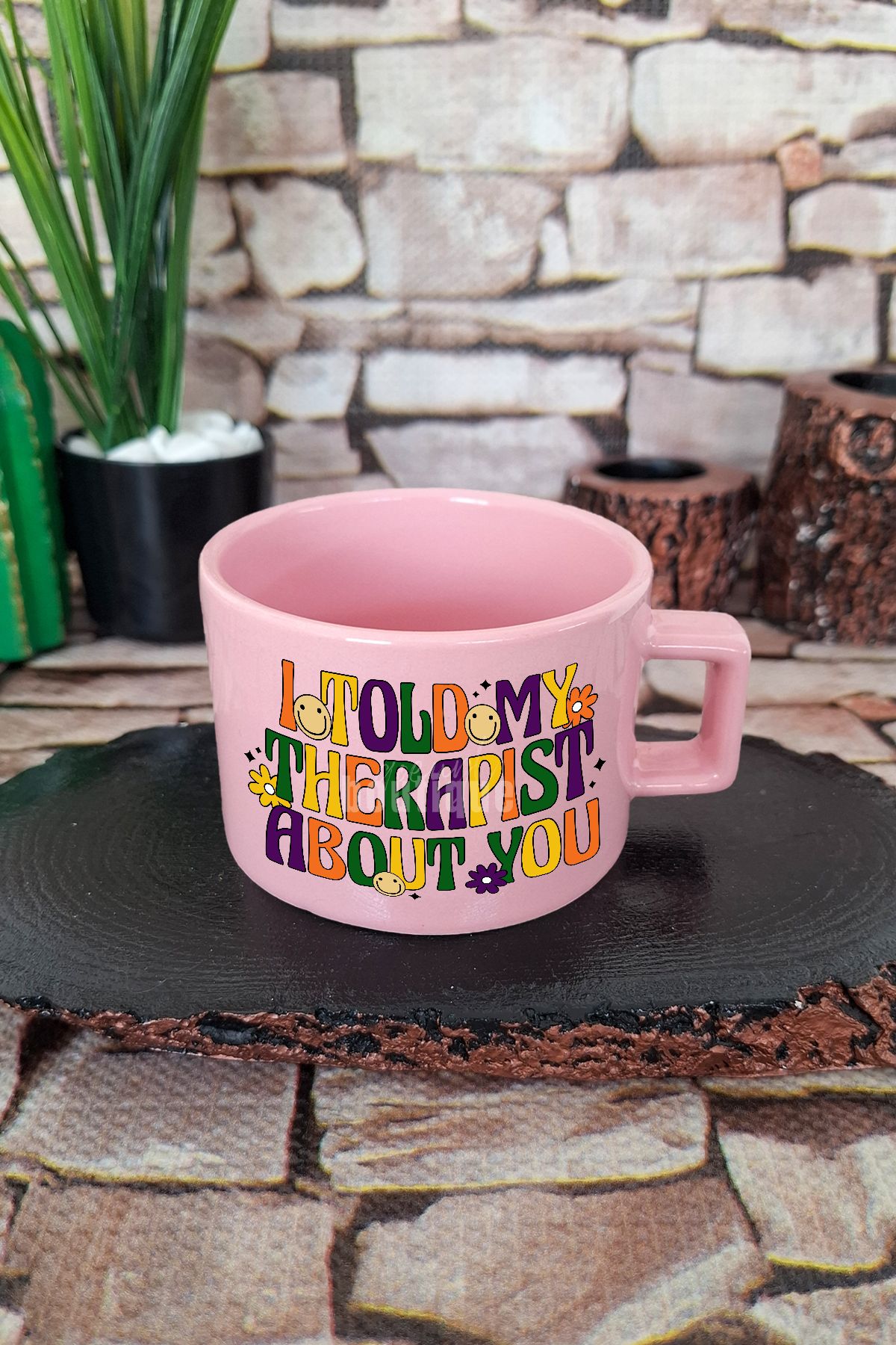 qoeuyl boutique I told my therapist about you Komik Kare Kulplu Fincan Pembe Kupa Bardak