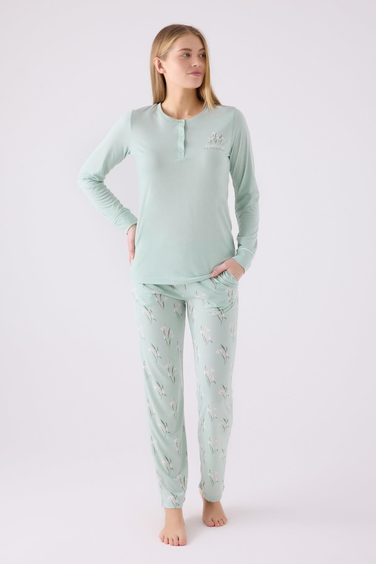 Arnetta Kadın Nil Yeşili Düğmeli Yaka Uzunkol Cepli Pijama Takım, Büyük Beden Pijama