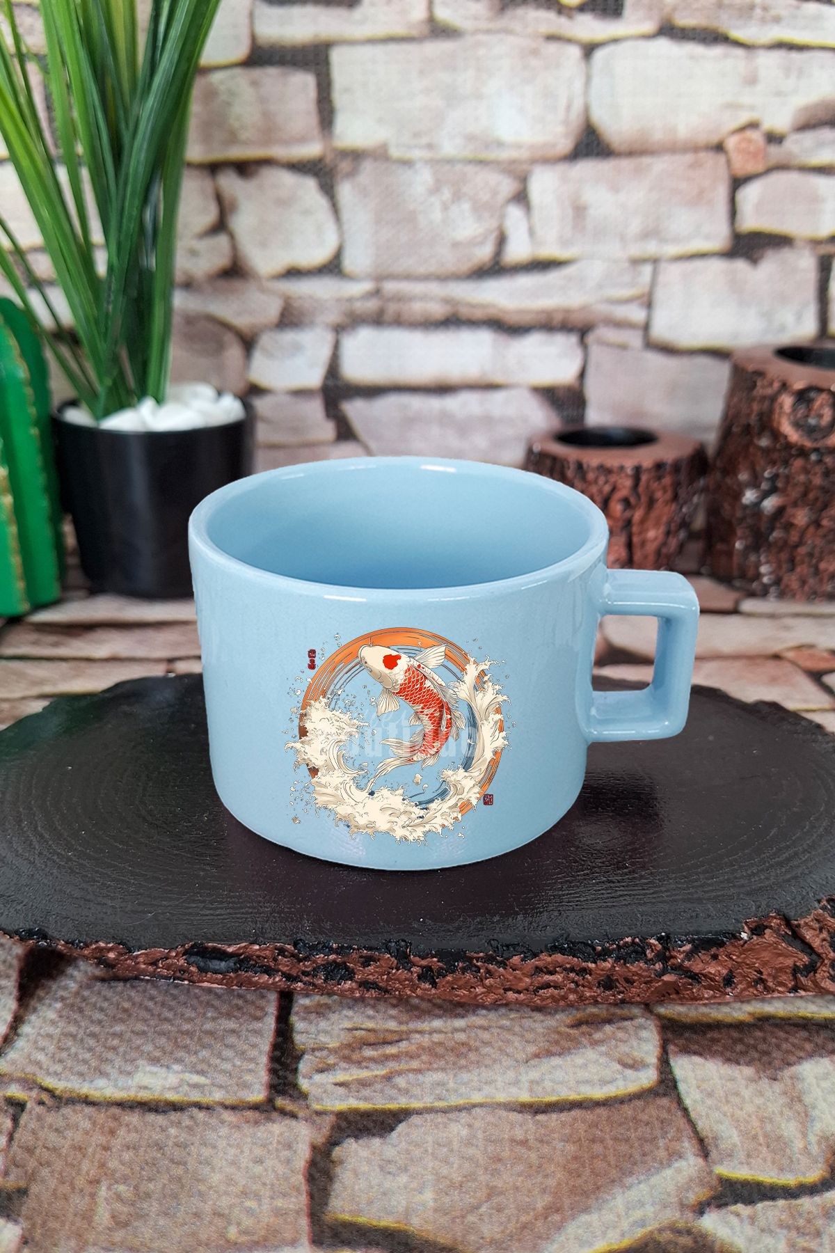 qoeuyl boutique Koi Balığı İlüstrasyon 2 Baskılı Japon Koi Sanatı Anime Kare Kulplu Fincan Mavi Kupa Bardak
