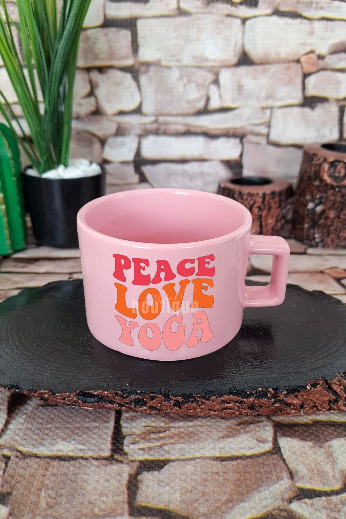 qoeuyl boutique Peace Love Yoga Huzur Aşk Yoga Kare Kulplu Fincan Pembe Kupa Bardak