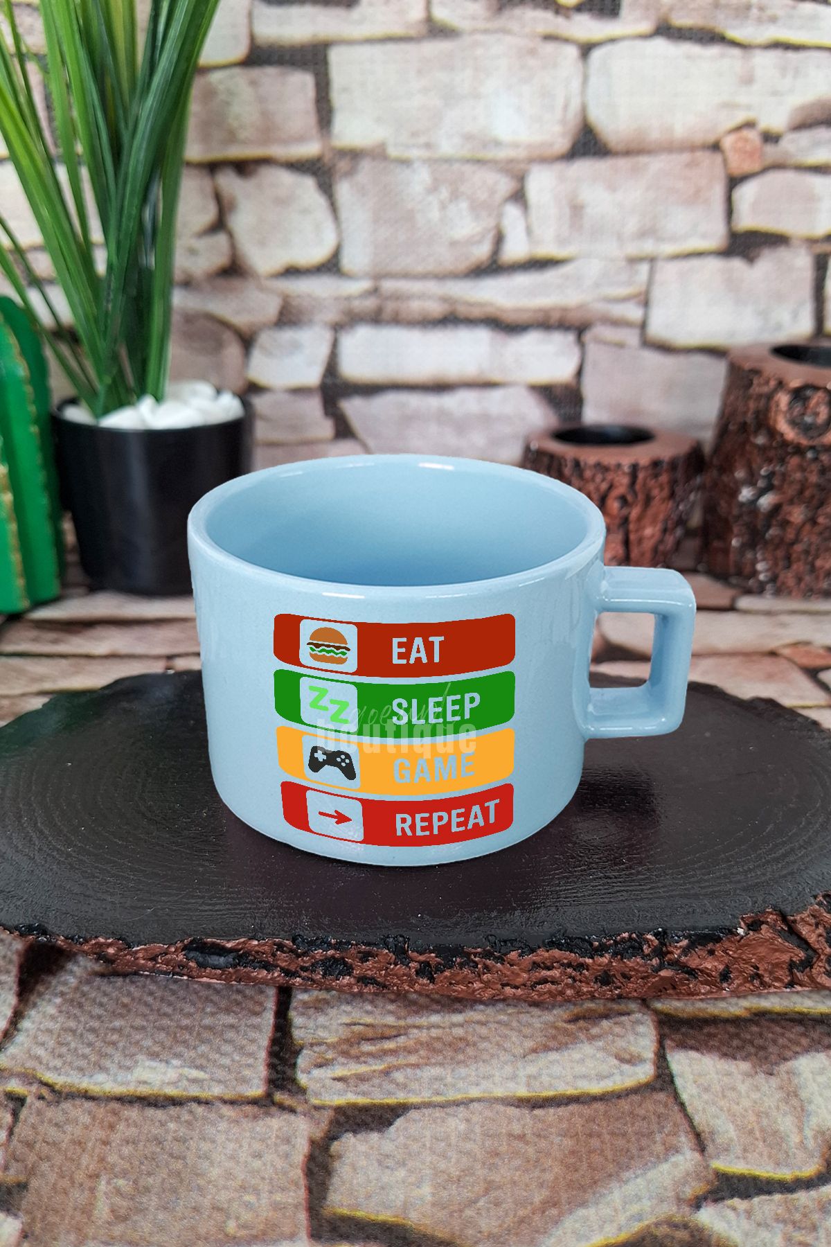 qoeuyl boutique Eat Sleep Game Repeat Oyuncu Gamer Kare Kulplu Fincan Mavi Kupa Bardak