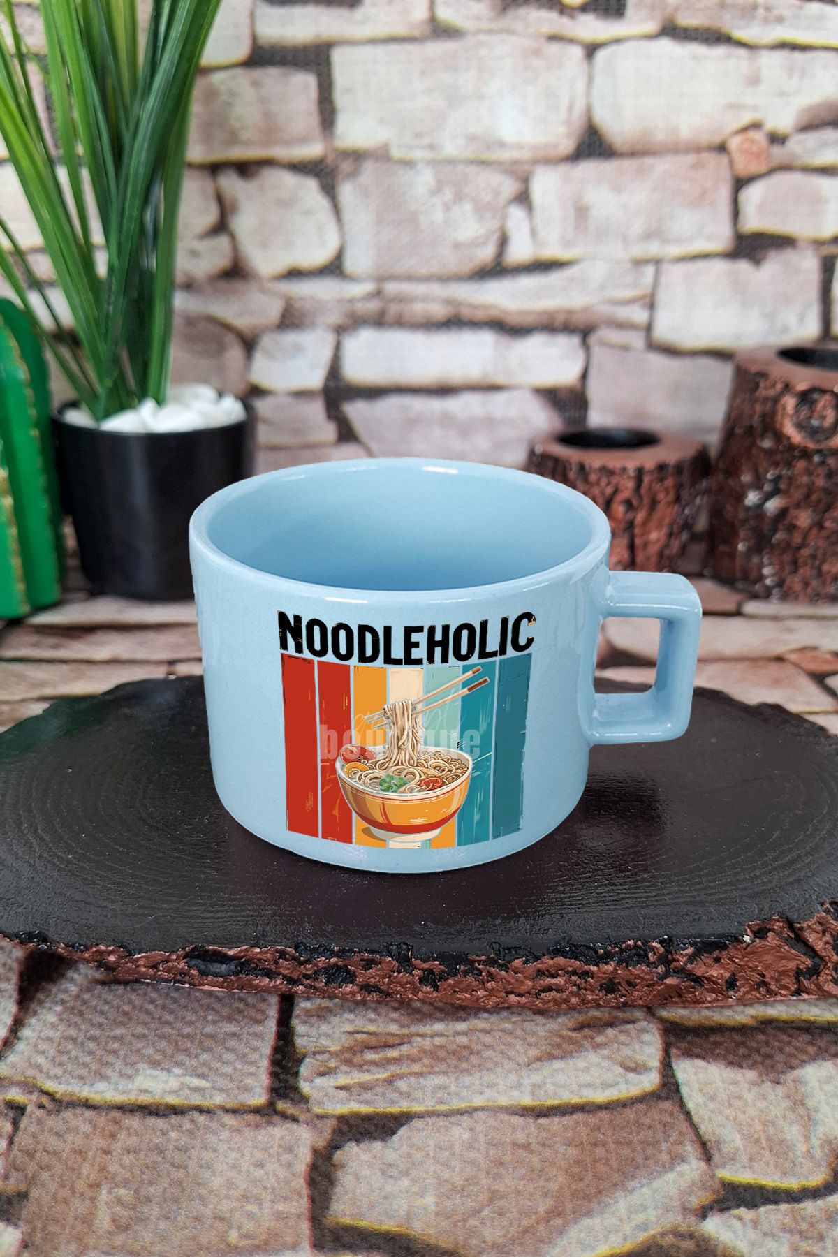 qoeuyl boutique Noodleholic Baskılı Ramen Aşığı Japon Mutfağı Anime Kare Kulplu Fincan Mavi Kupa Bardak