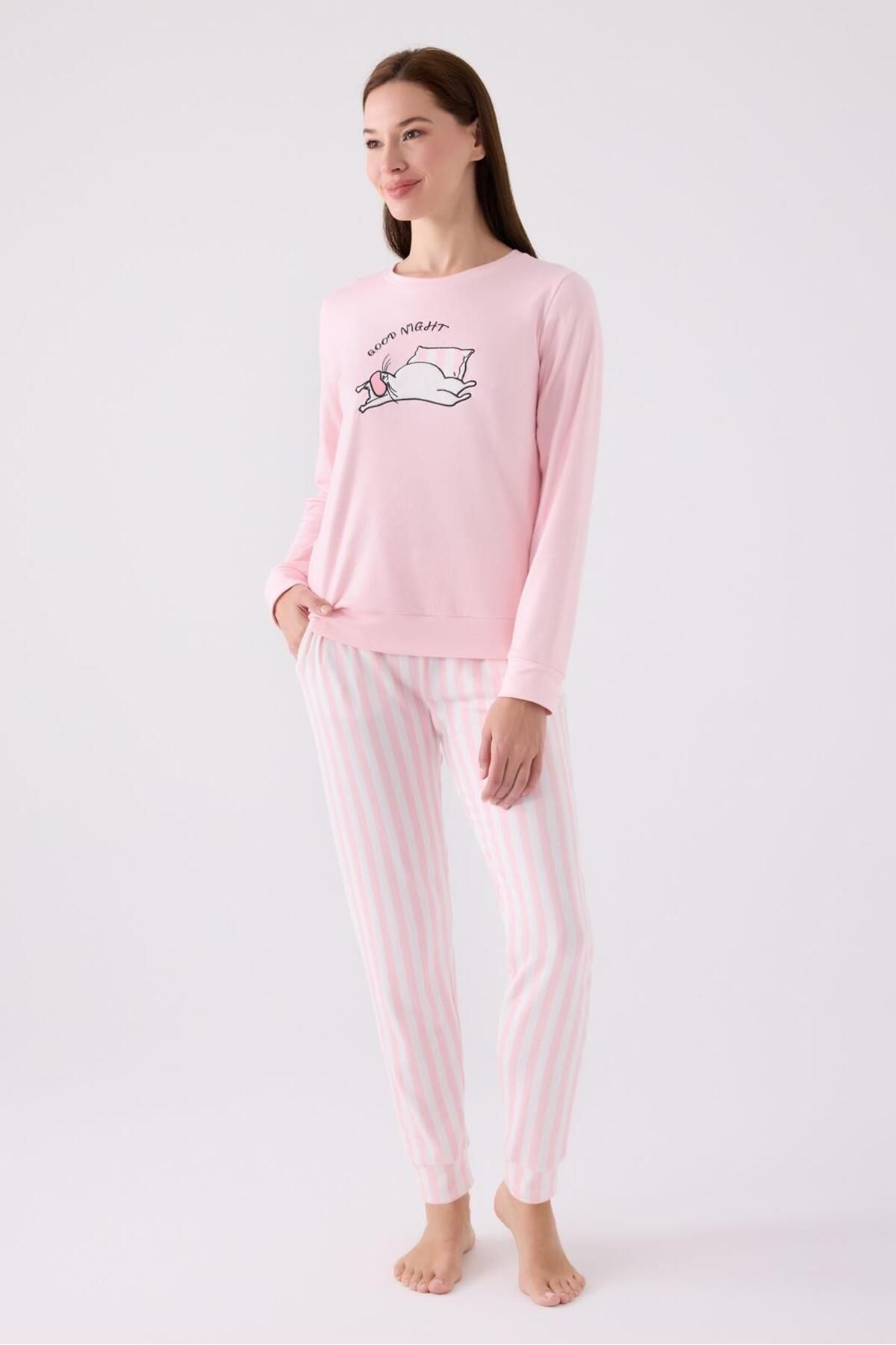 Arnetta Kadın Pembe Pijama Takım, İçi Şardonlu Termal Kışlık Pijama Takım