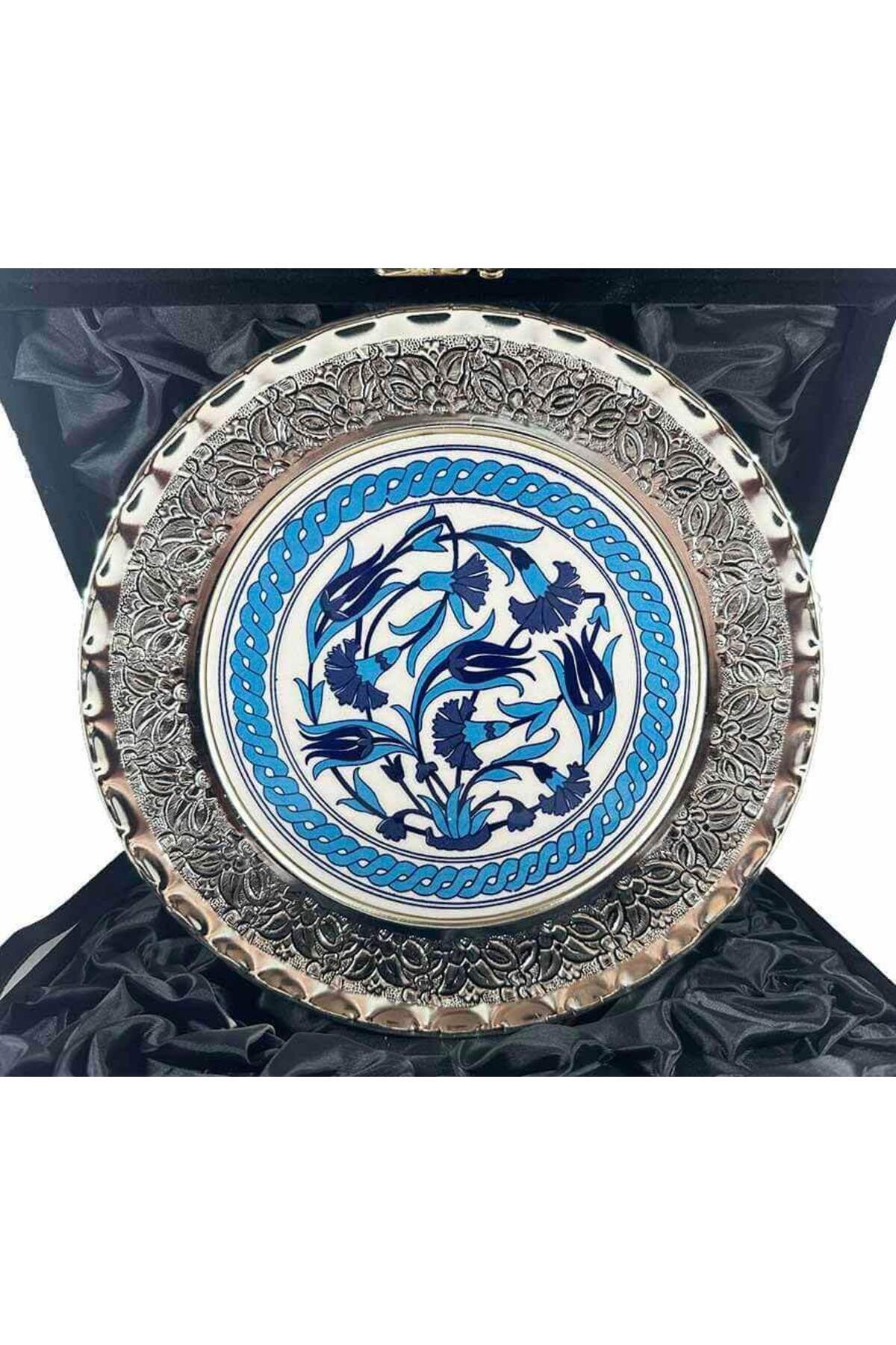 Çini Evi Mavi Lale ve Karanfil Gümüş Tabak 25cm