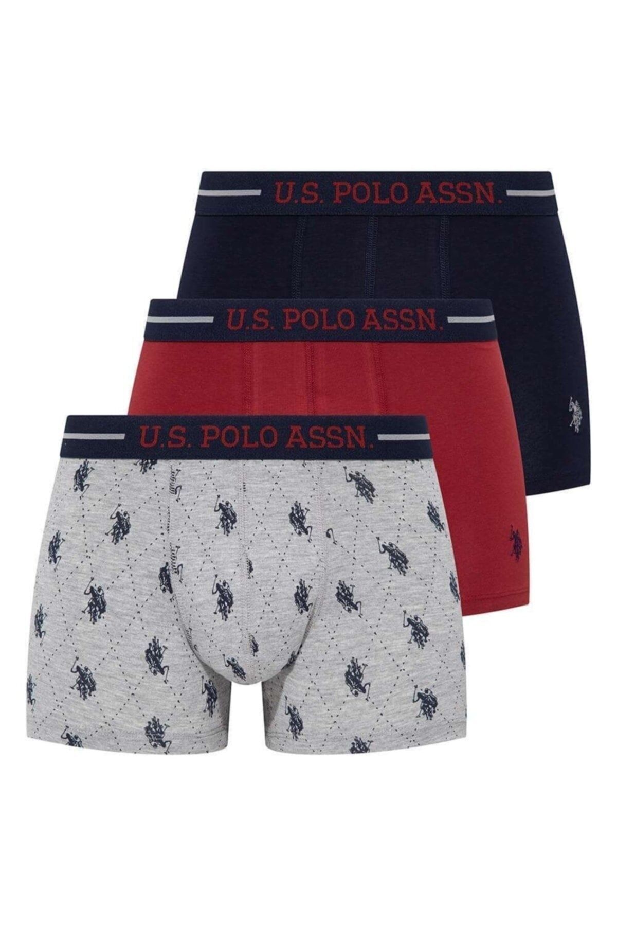 U.S. Polo Assn. Bordo Lacivert Gri Pamuklu Likralı 3'lü Erkek Boxer