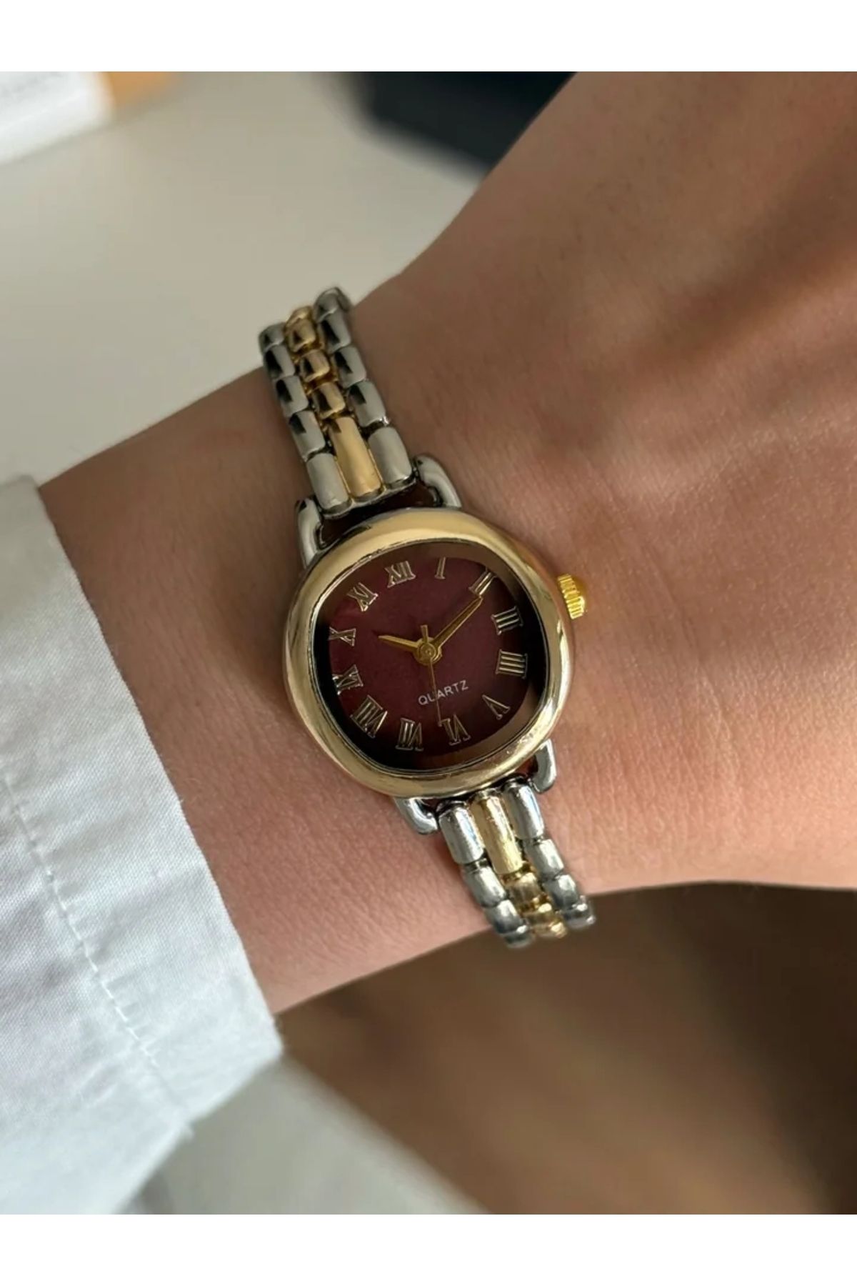 RoseandRoses Cecilia Özel Vintage Seri İnce Kordon Kadın Kol Saati Gold-Gümüş (Bordo Kadran)