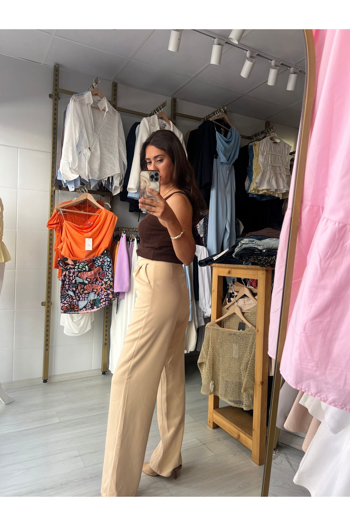 Butik Bej yüksek bel pantolon