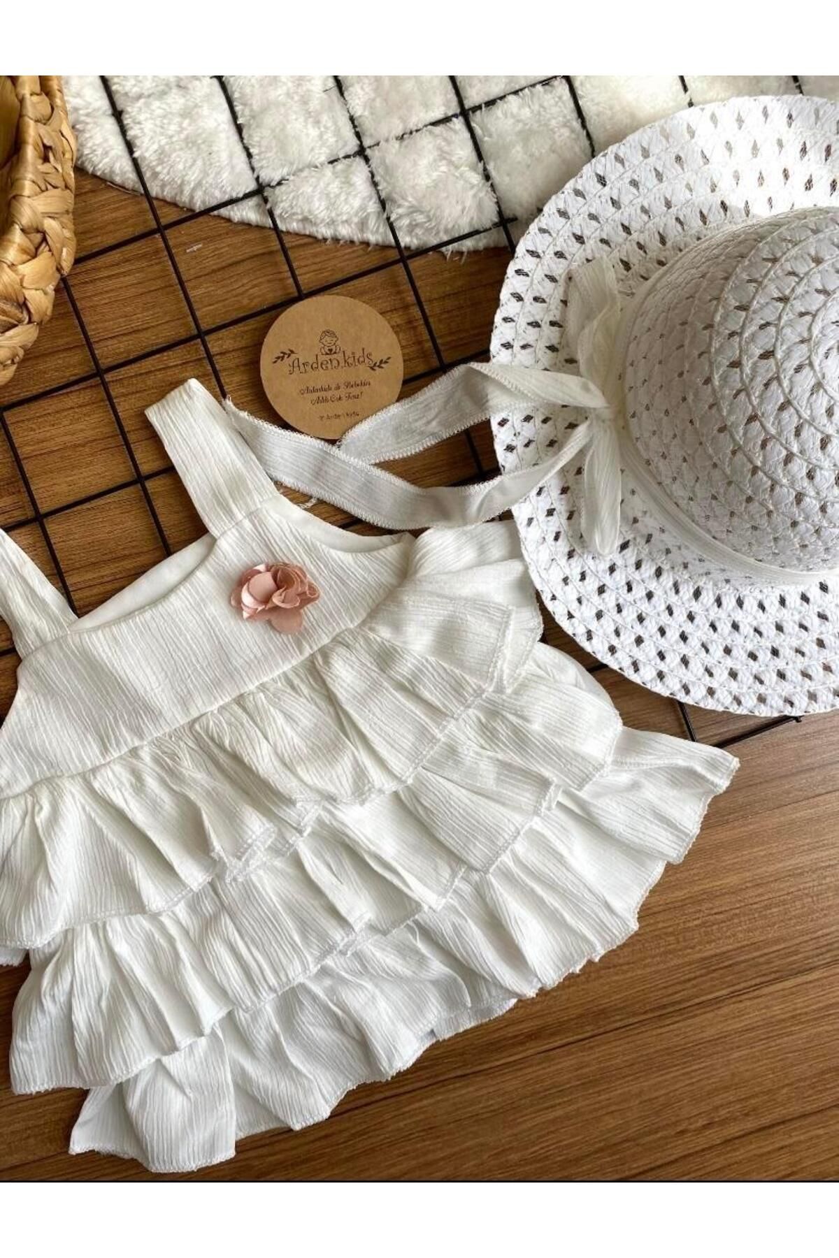 ArdenKids Şapkalı Beyaz Katlı Elbise