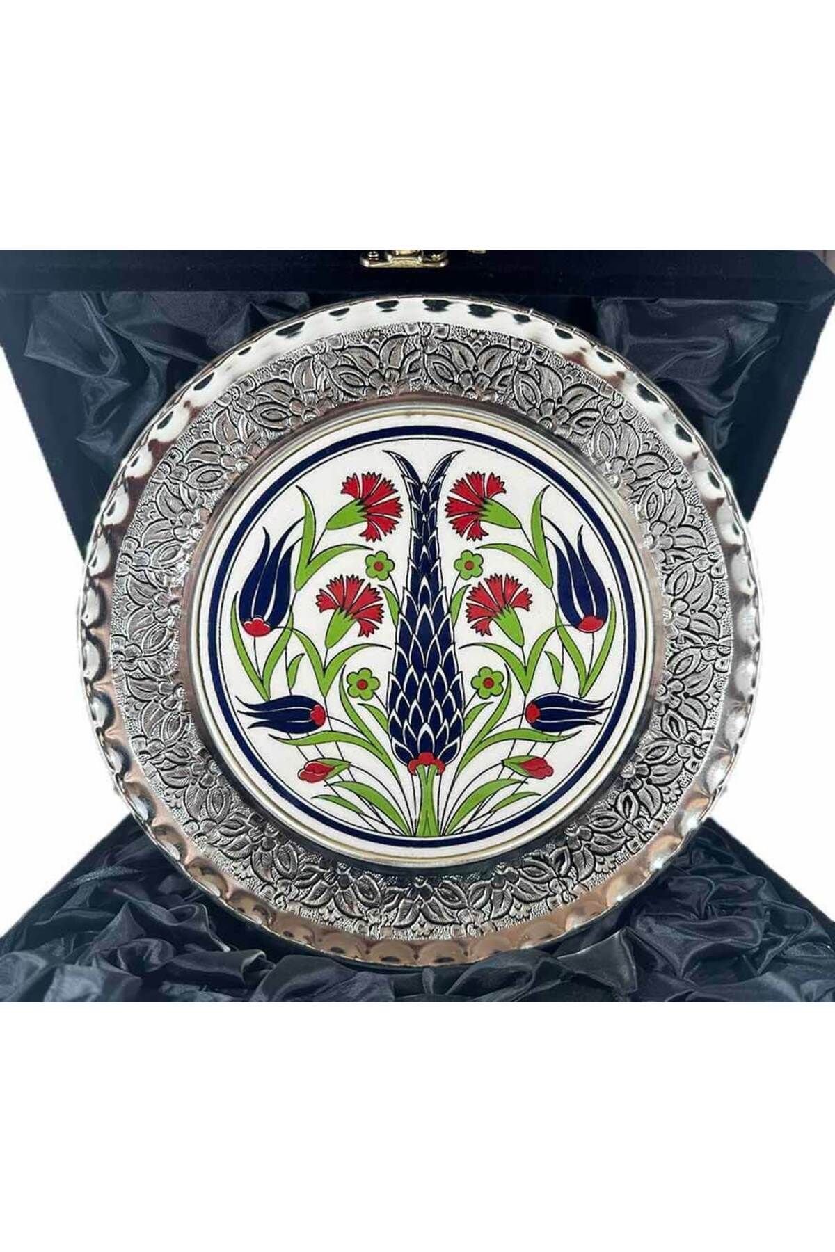 Çini Evi Selvi Ağacı Motifli Gümüş Tabak 25cm