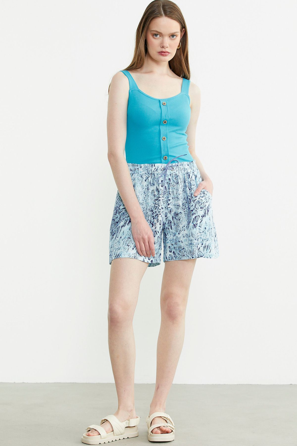 Sementa-Ribbed Button Detailed Basic Undershirt - Turquoise 2