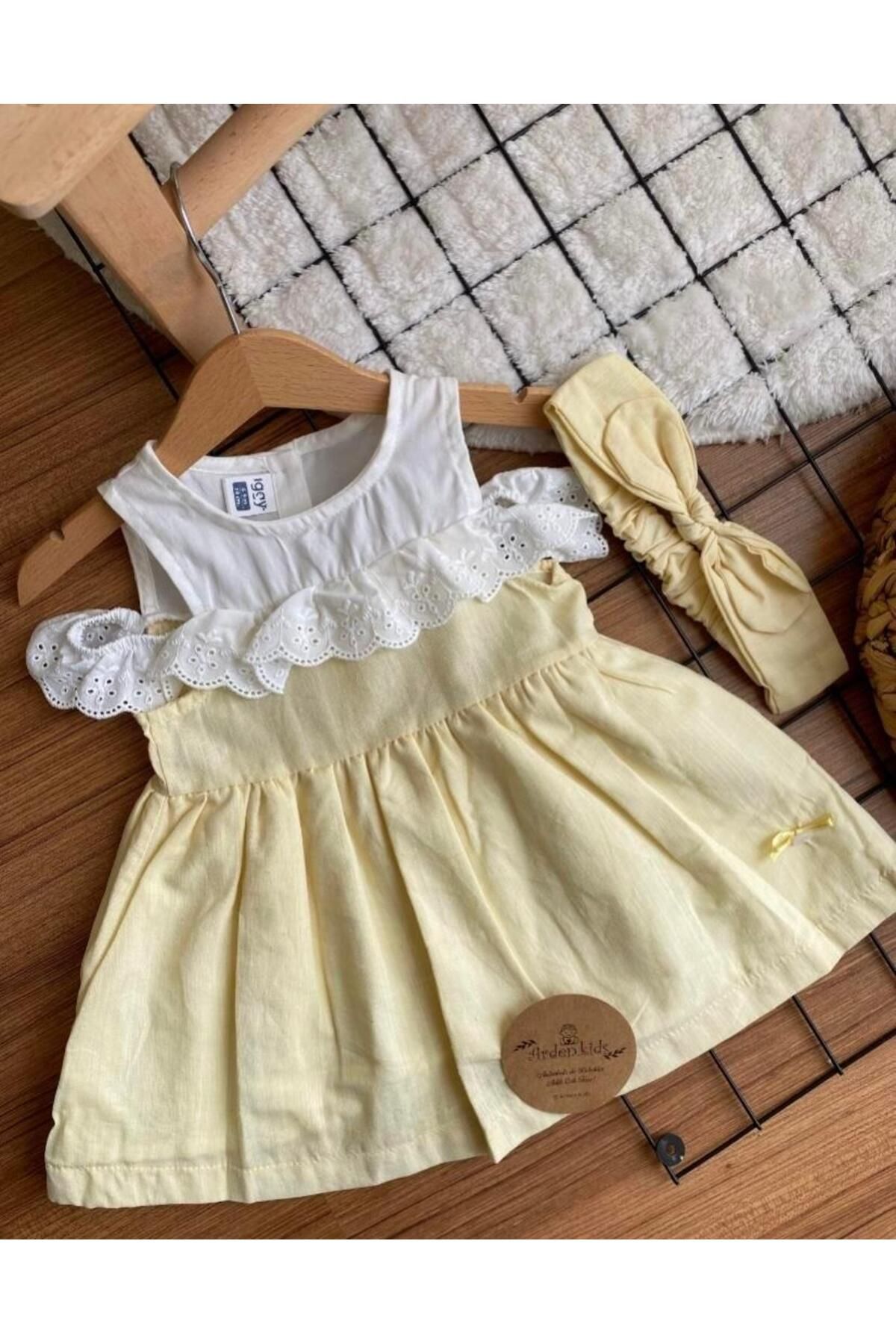 ArdenKids Sarı Fisto Kol Elbise - Bandana Set
