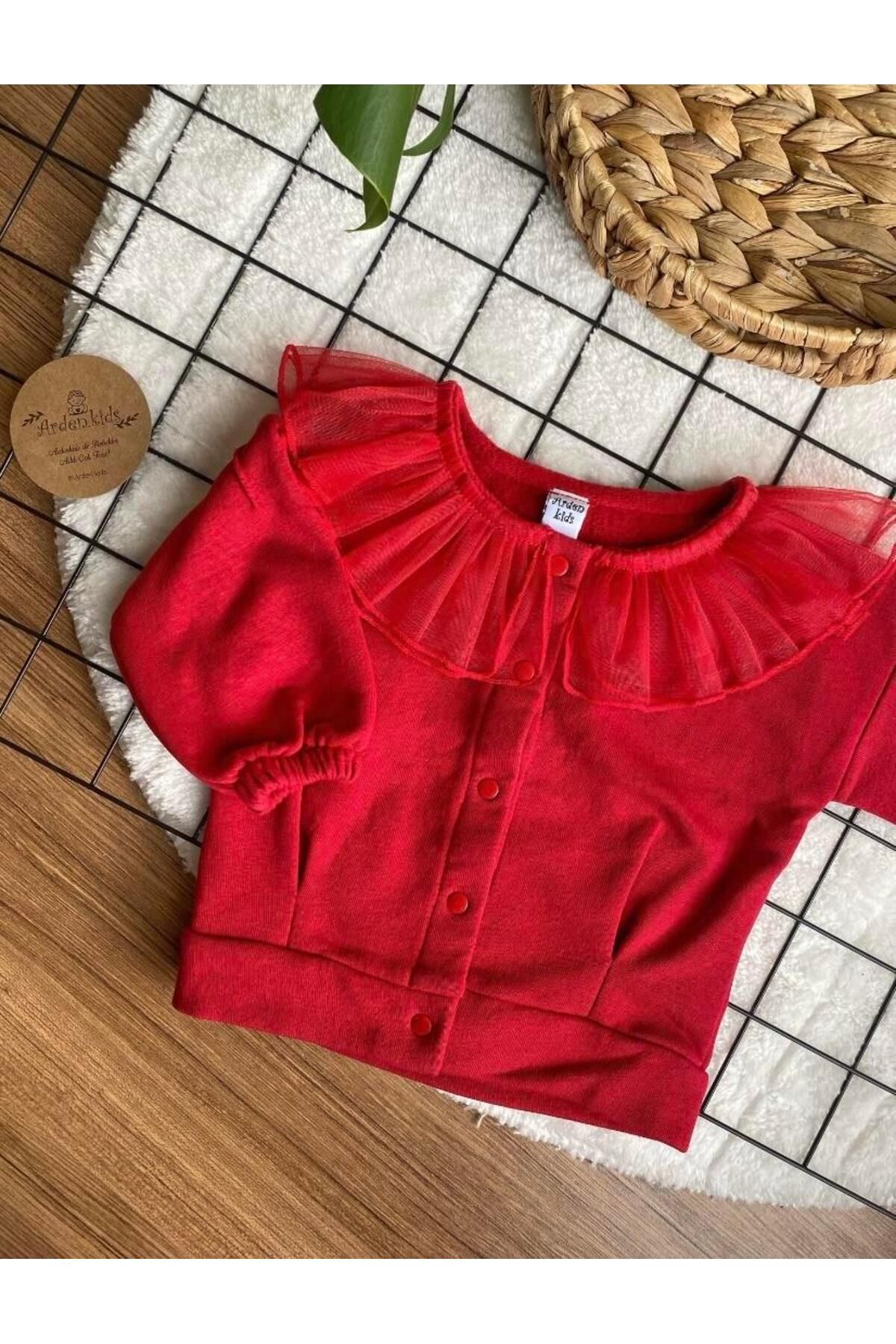 ArdenKids Kırmızı Tül Yaka Bebek Hırka