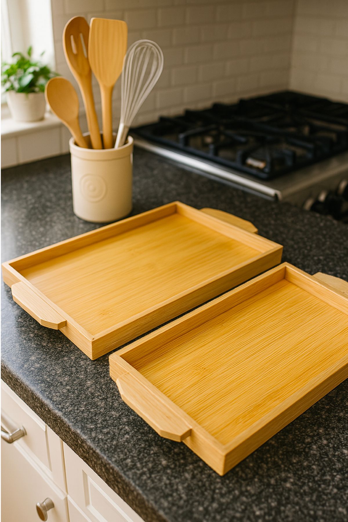 Vienev-Set of 2 Natural Bamboo Presentation Tray – Rectangular Serving Tray with Handles 5
