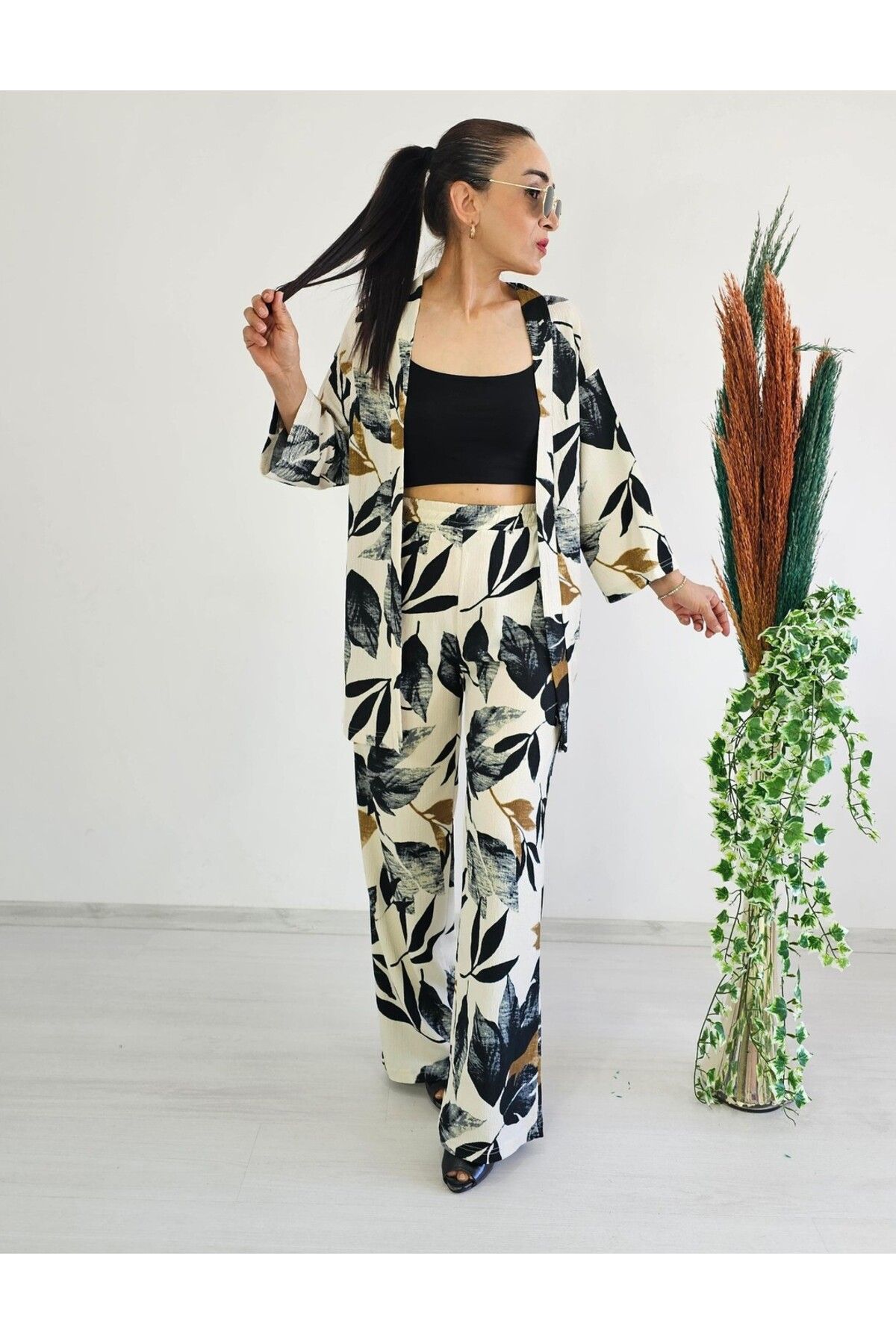 6 butik altı üstü butik Bağlamalı Desenli Kimono Takımı
