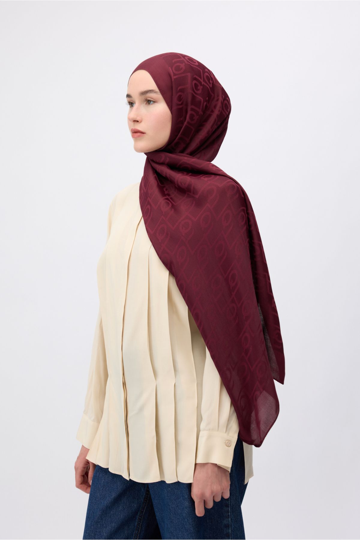 Qef İpek Jakar Monogram Şal Bordo