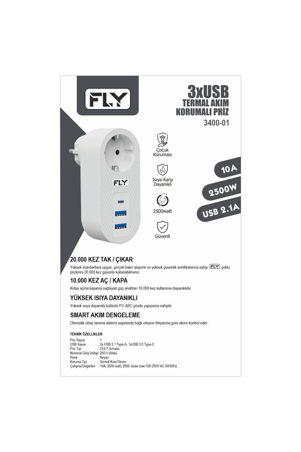 Fly 3400-01 AKIM KORUMALI 3 USB ÇIKIŞ HIZLI ŞARJLI TOPRAKLI PRİZ