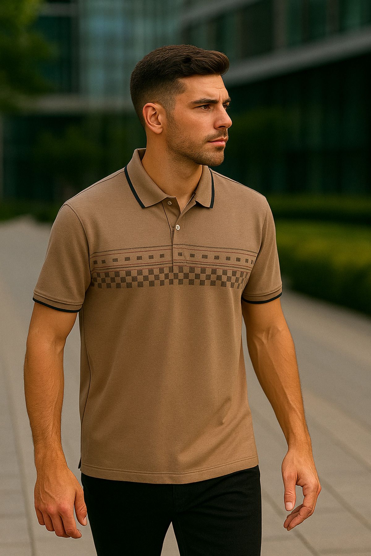 Maccali Erkek Kısa Kollu Desenli Camel Polo Yaka Tişört