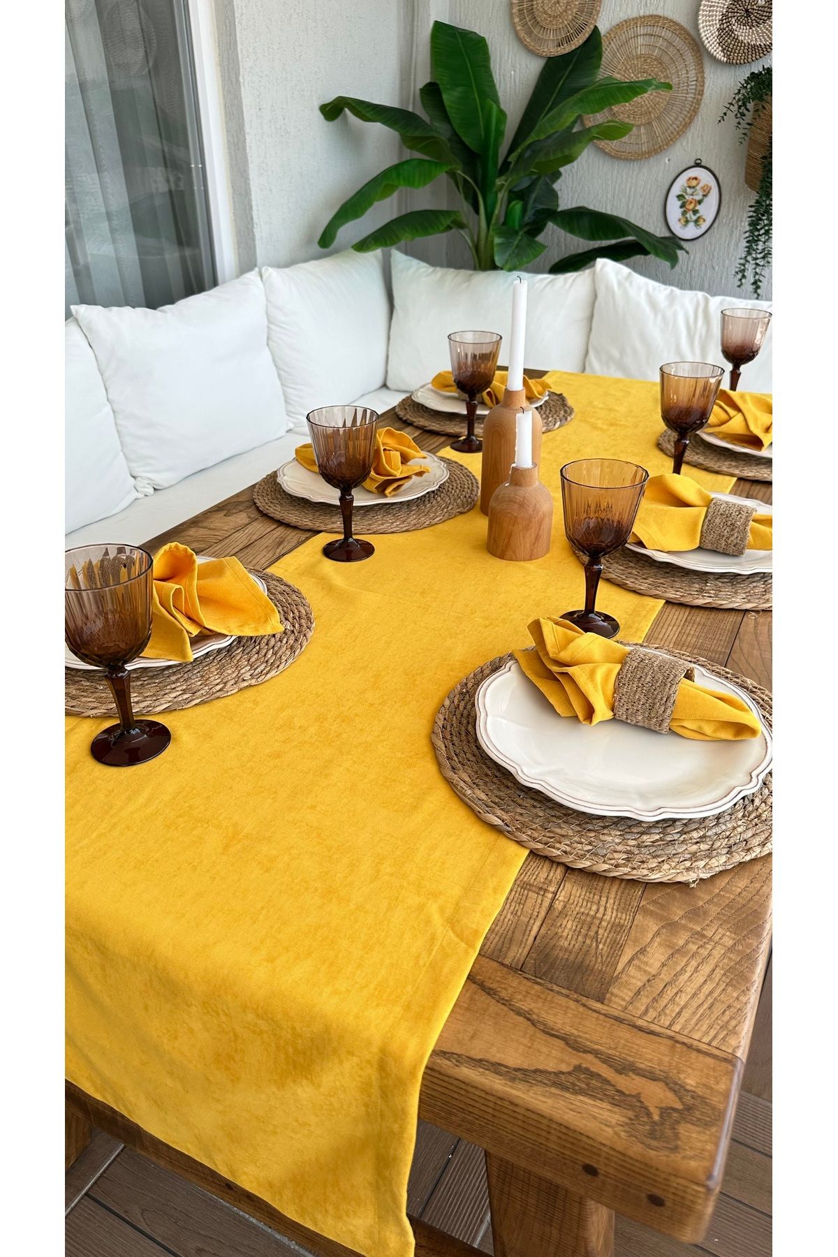 Decamor home Kadife Dokulu Dertsiz Leke Tutmaz Hardal Sarı Runner 1 ad