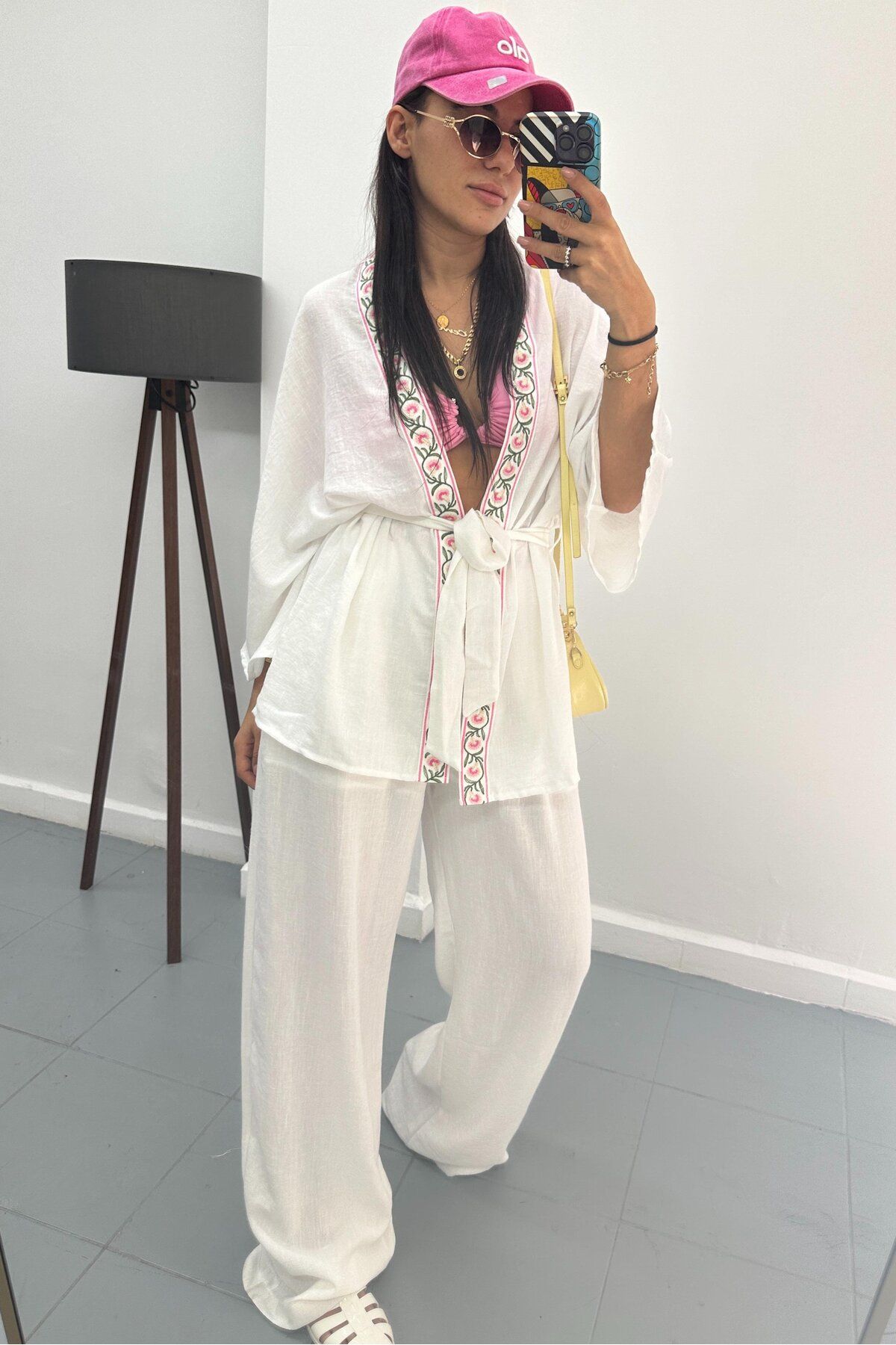 bunubanayolla Çiçek Nakışlı Keten Kimono Takım