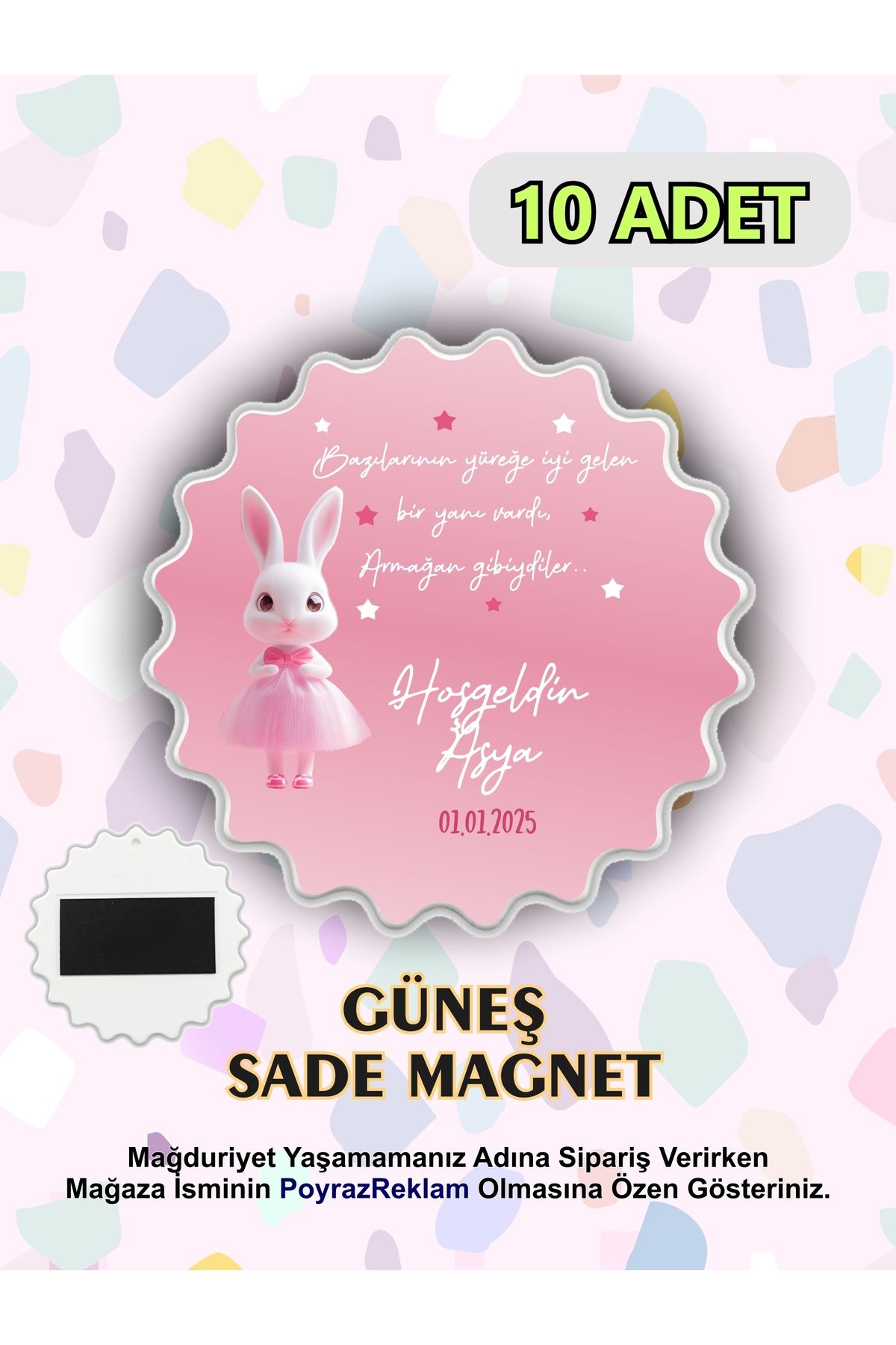 PoyrazReklamTasarım Hoşgeldin Bebek - Güneş Şeklinde Magnet - Yenidoğan Hediyelik - Mevlid - İsimli Tarihli (10 ADET)