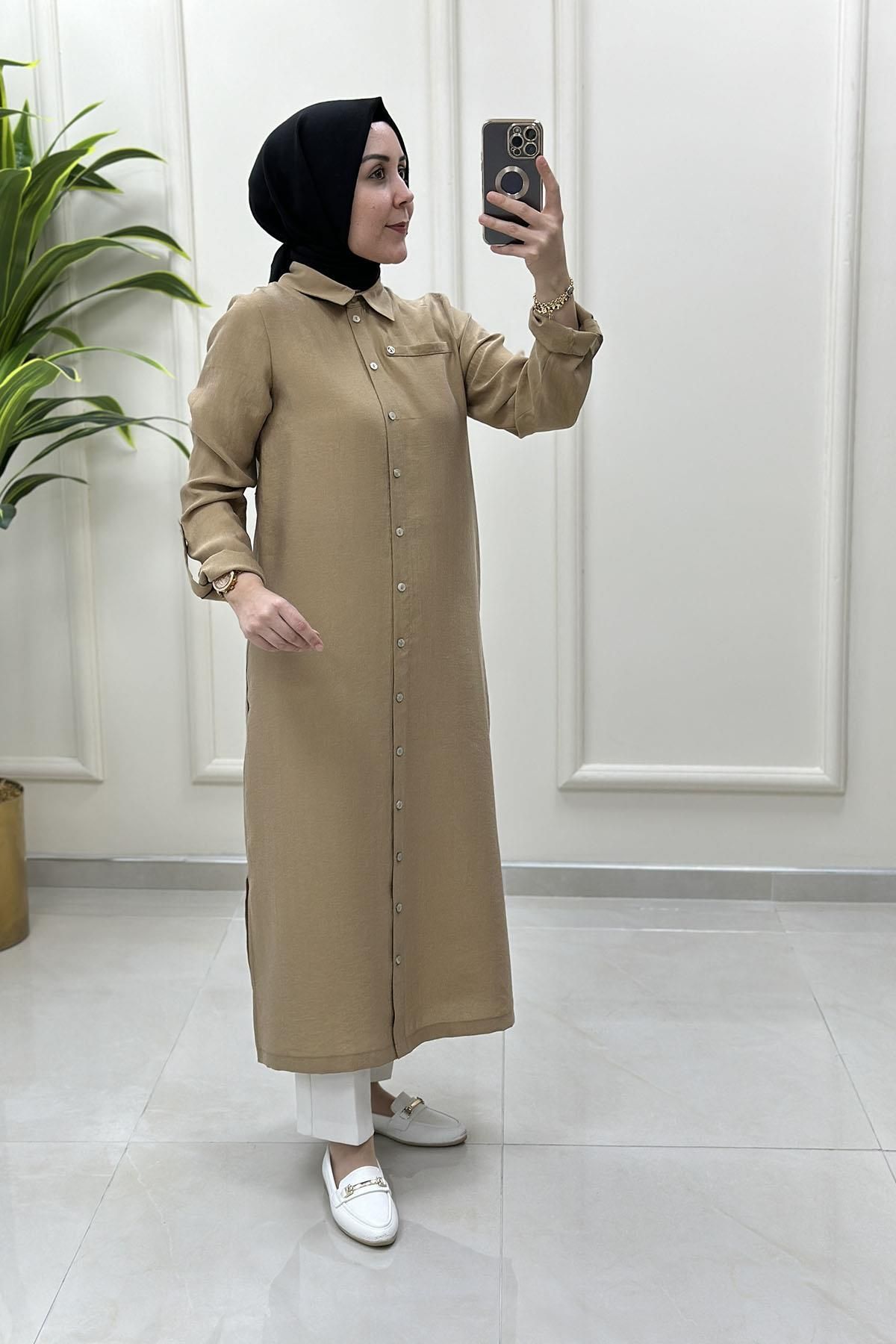 Armine Trend Katlama Kol Önü Düğmeli Uzun Kadın Tunik Camel ARM 4142