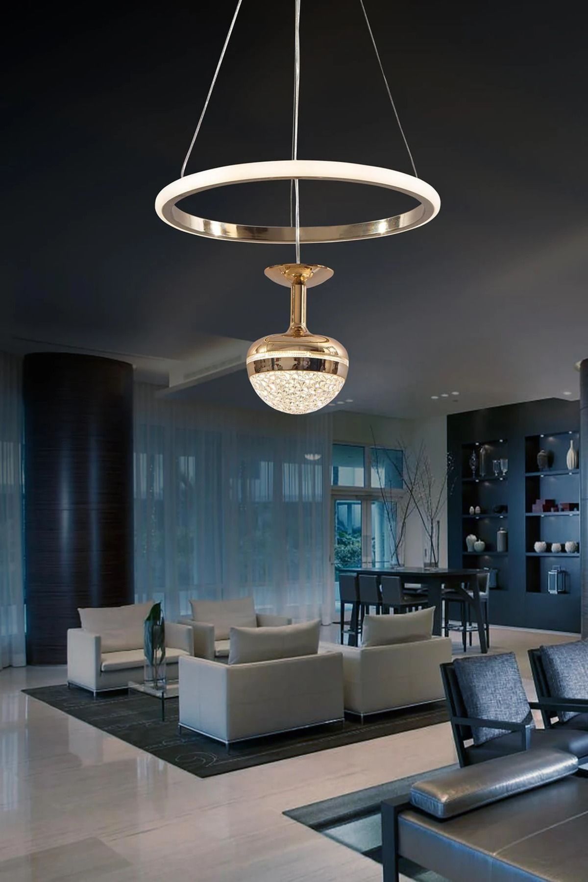 durulight Gold 3 Renk Ledli Lüks Modern Sarkık Tekli Ledli Avize