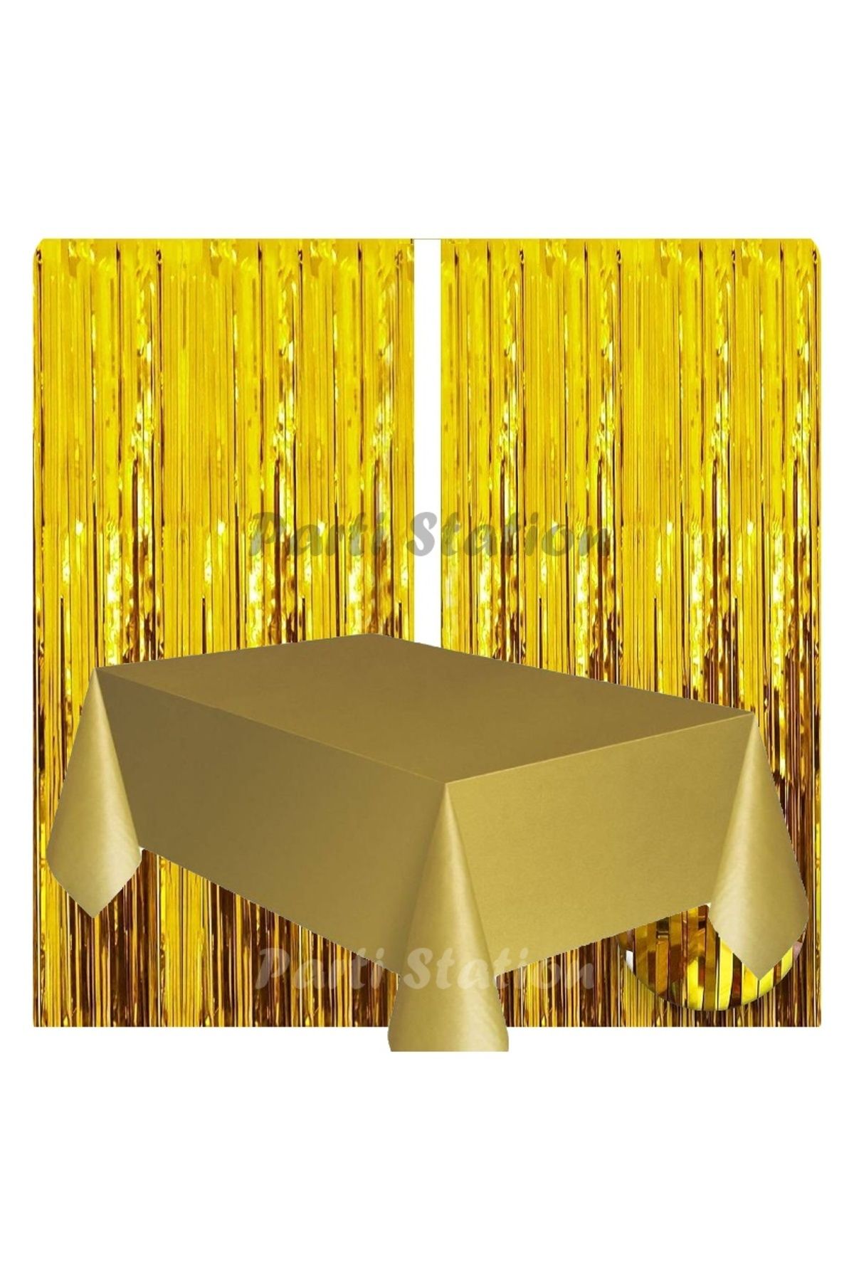 Partifest 2 Adet Altın Gold Renk Metalize Arka Fon Perdesi ve 1 Adet Plastik Altın Gold Renk Masa Örtüsü Set