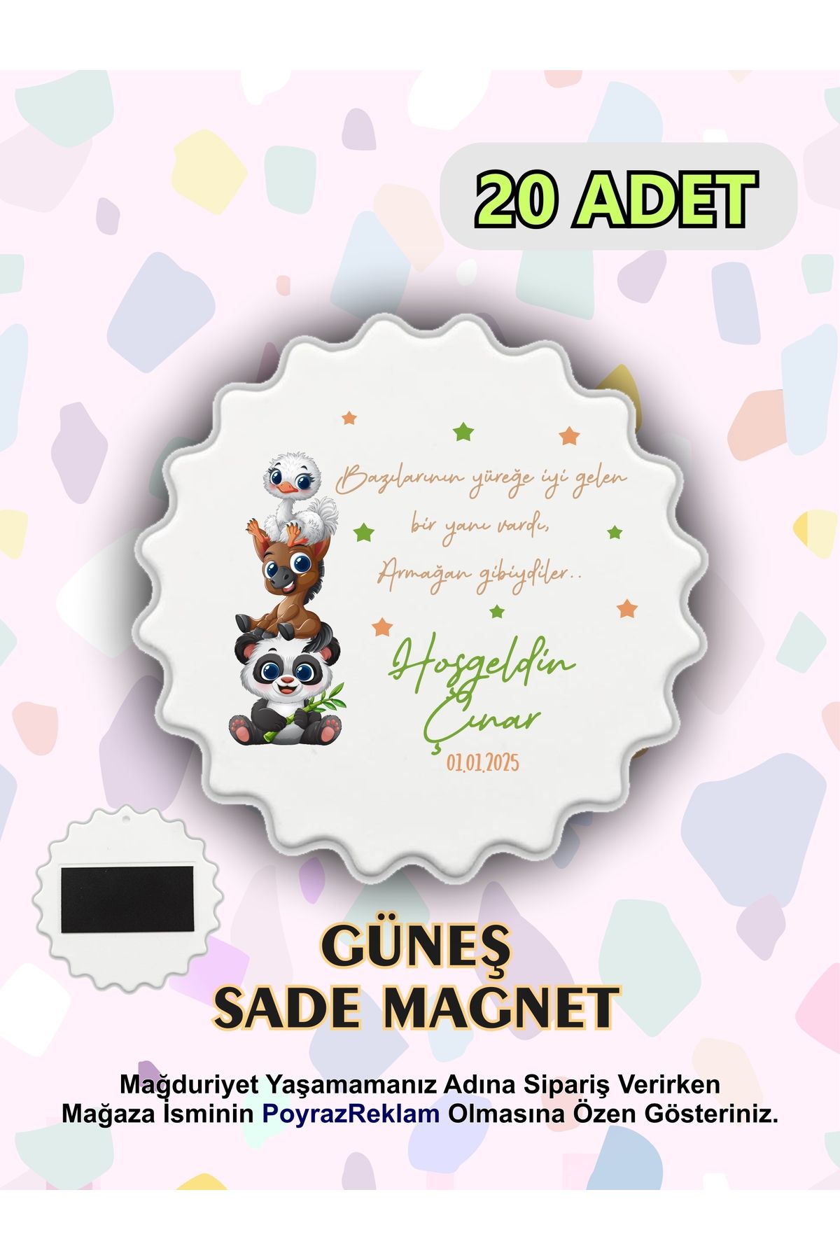 PoyrazReklamTasarım Hoşgeldin Bebek - Güneş Şeklinde Magnet - Yenidoğan Hediyelik - Mevlid - İsimli Tarihli (20 ADET)
