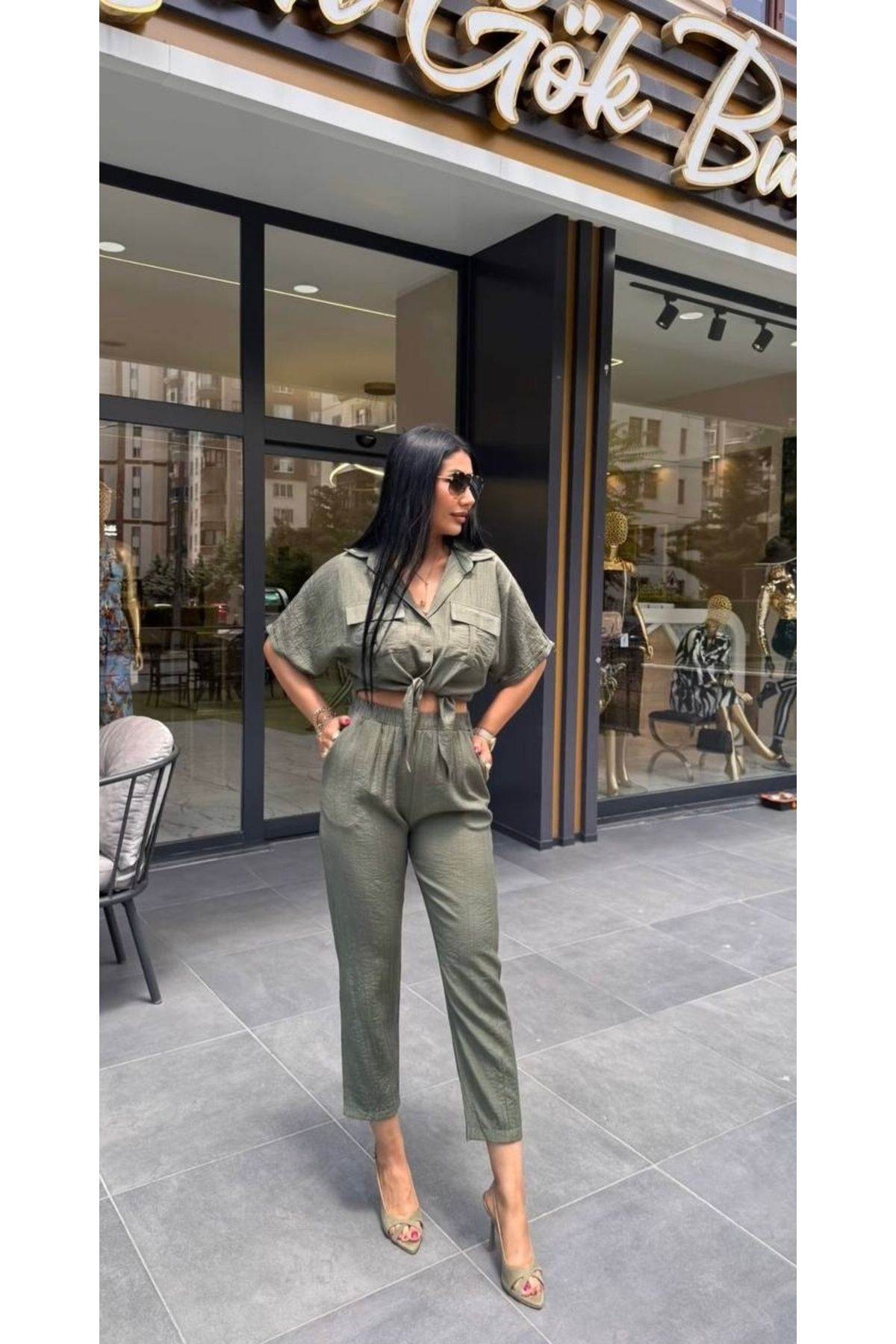 Gülşen Gök Butik Kuşaklı Gömlek Pantolon Takım Yeşil