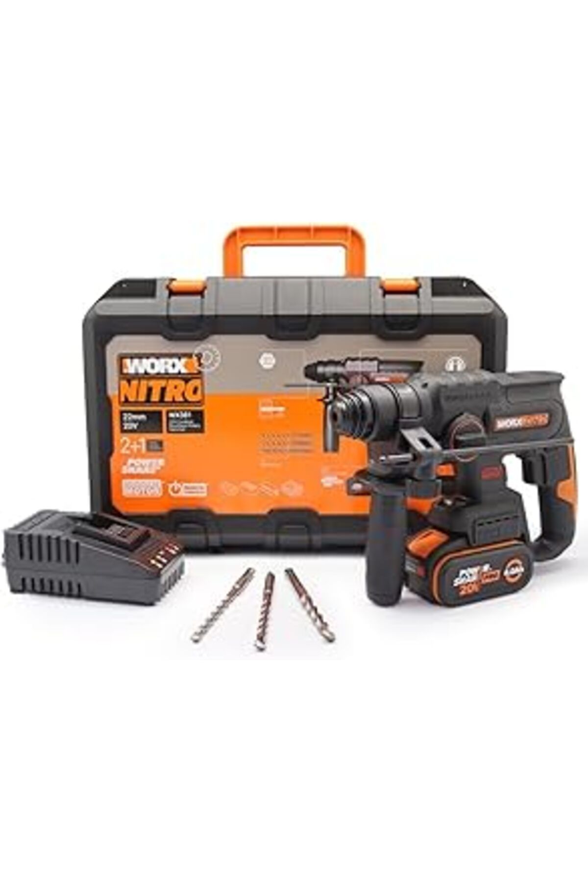 Pazarcan Worx Wx381 20Volt 4.0Ah. 2J Li-Ion Tek Akülü Şarjlı Profesyonel Sds-Plus Pnömatik Kırıcı/Delici + 3