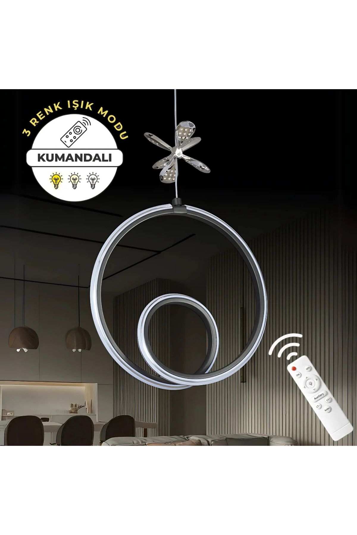 durulight Siyah Uzaktan Kumandalı 3 Renk Ledli Avize Kumandalı Avize Dimmerli Avize
