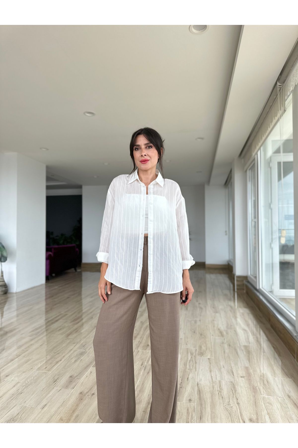 AYSEGUL SOZKESEN Uzun Kollu İnce Yazlık Beyaz Gömlek