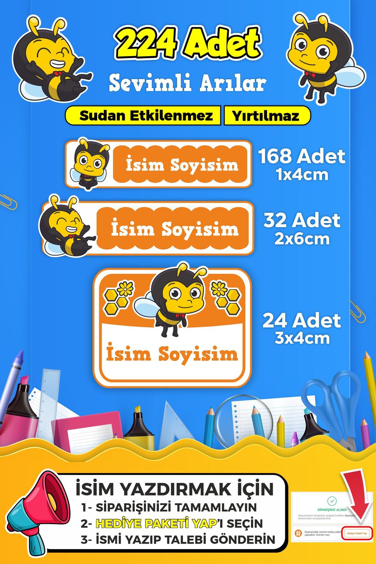 SB store Sevimli Arı Temalı Okul Kreş Kişiye Özel isim Etiket Seti - Model 442