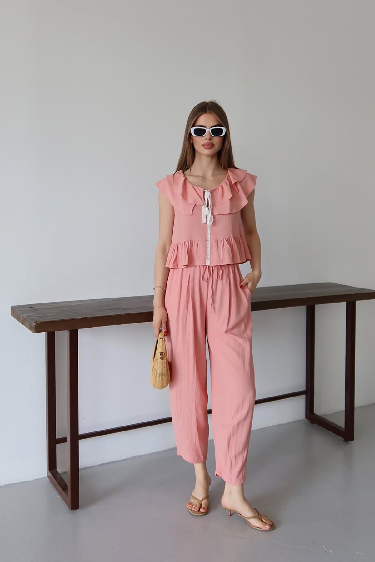 Neşeli Butik kadın fırfırlı gofre kumaş ikili takım NBNP012