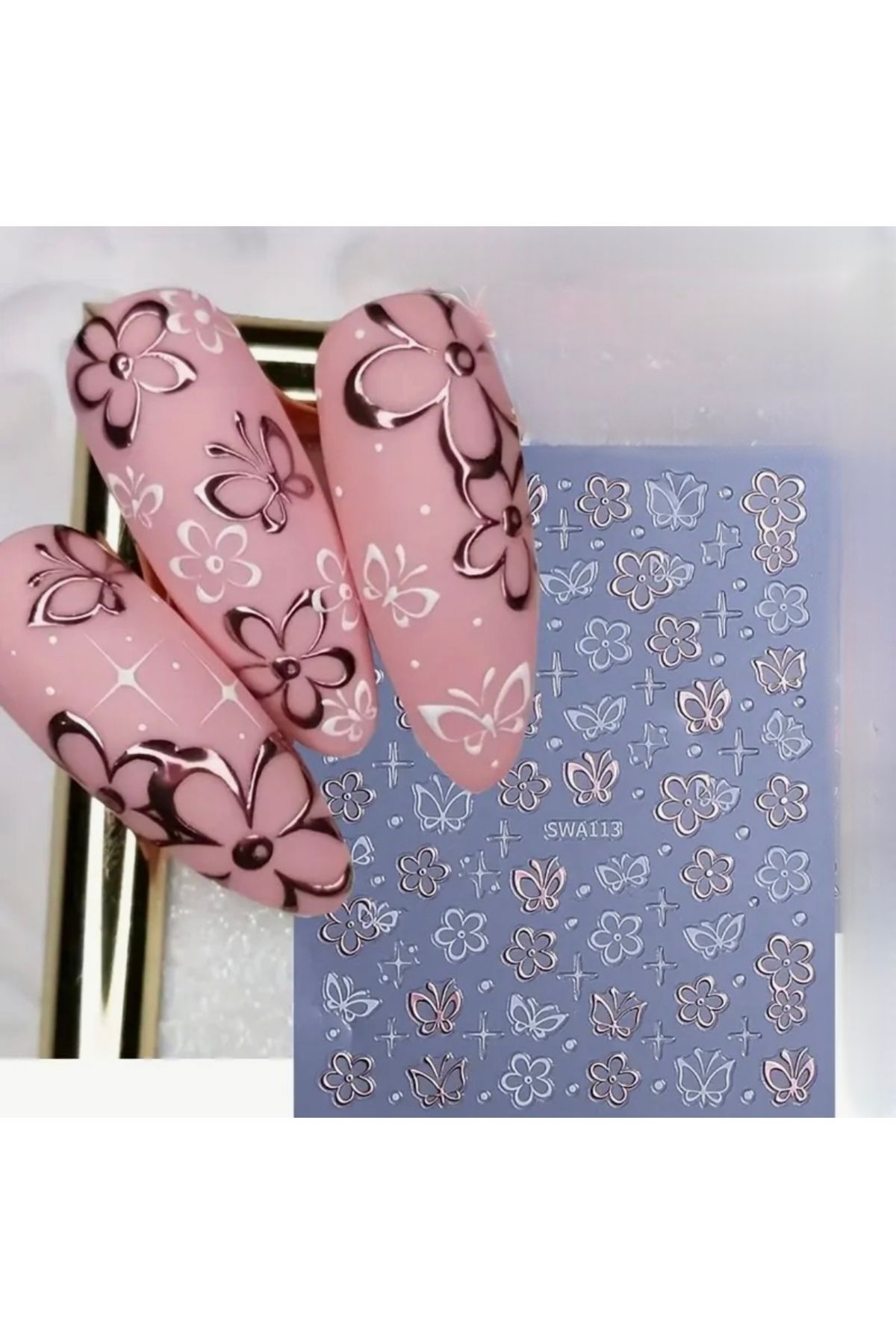 AEÇTASARIM Rose Gold Beyaz Çiçek Kelebek Tırnak Süsleme Stickerı, Nail Art Süslemeleri