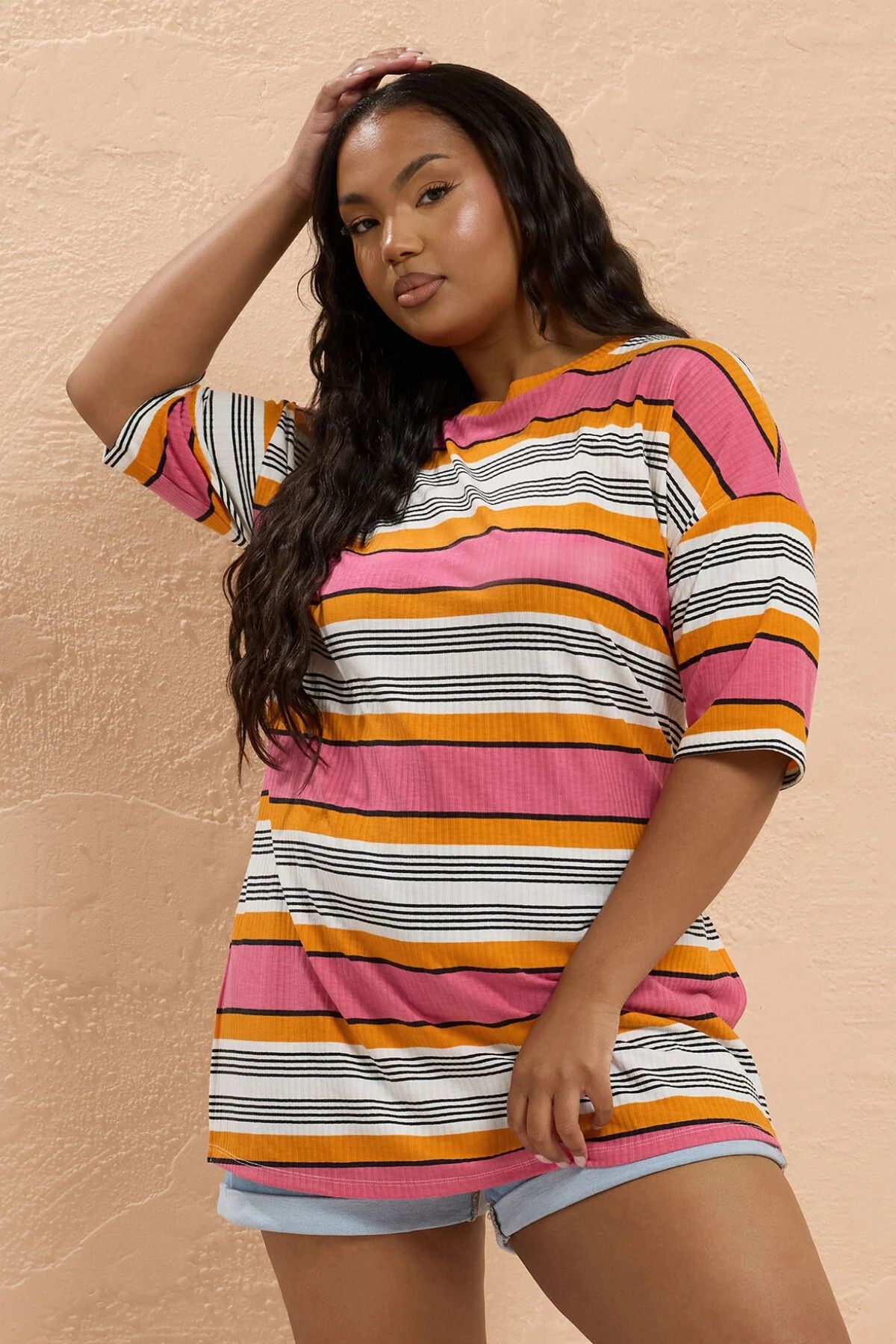 Stil Diva Büyük Beden Çizgili Yırtmaç Detaylı T-shirt 303505