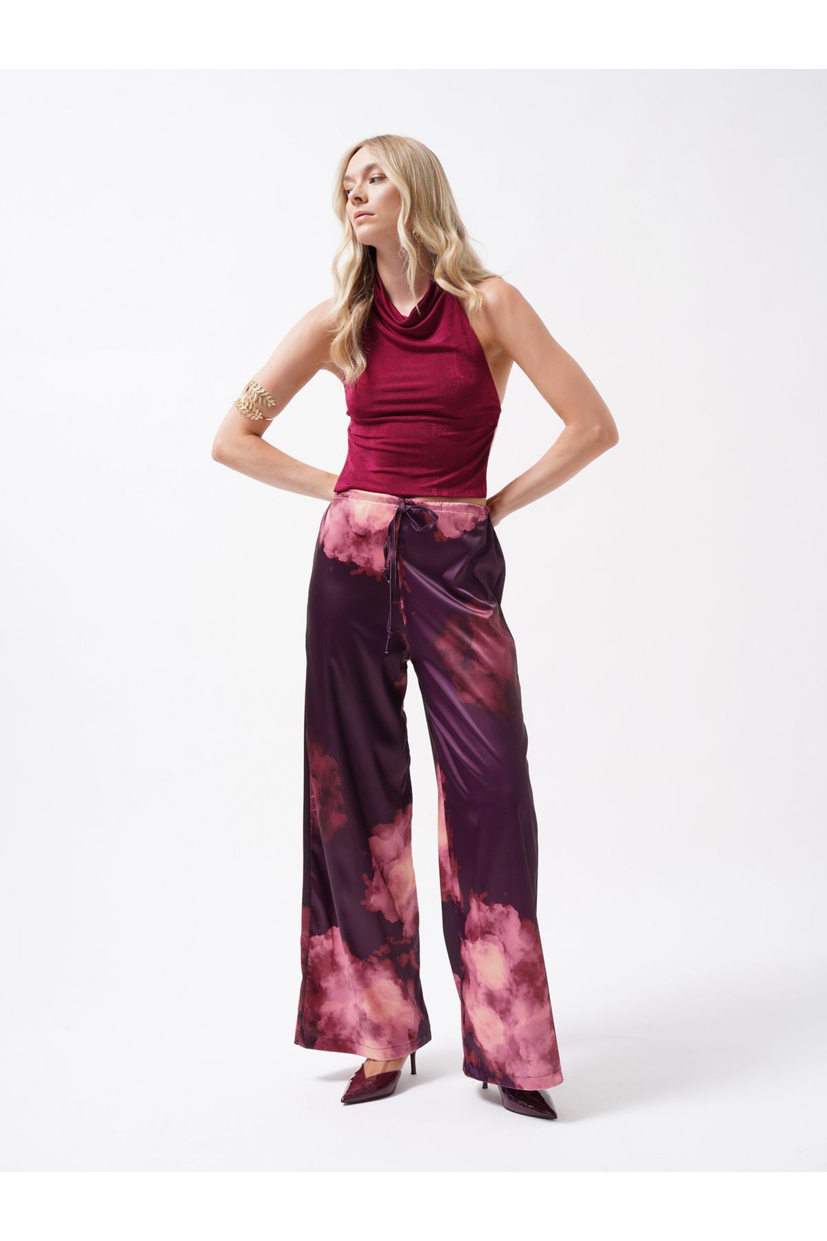 Black Fashion Bel Lastikli Desenli Saten Bordo Pantolon